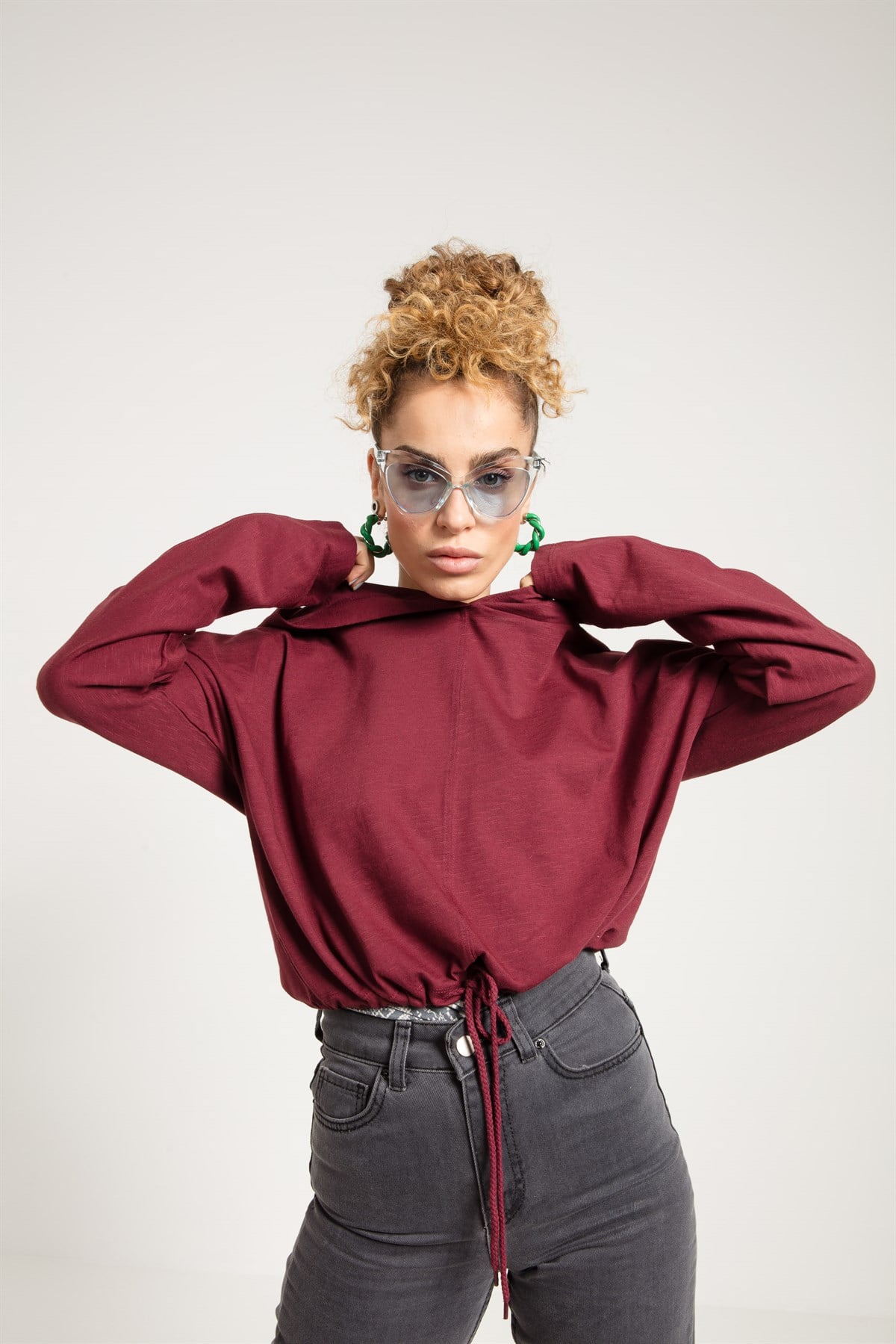 Crop Fit Bordo Kadın Kapüşonlu