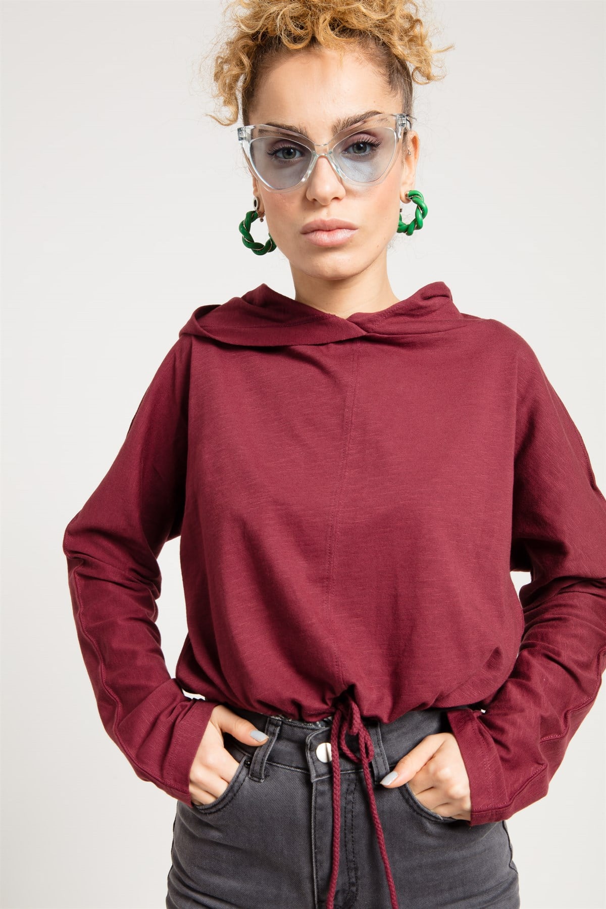 Crop Fit Bordo Kadın Kapüşonlu