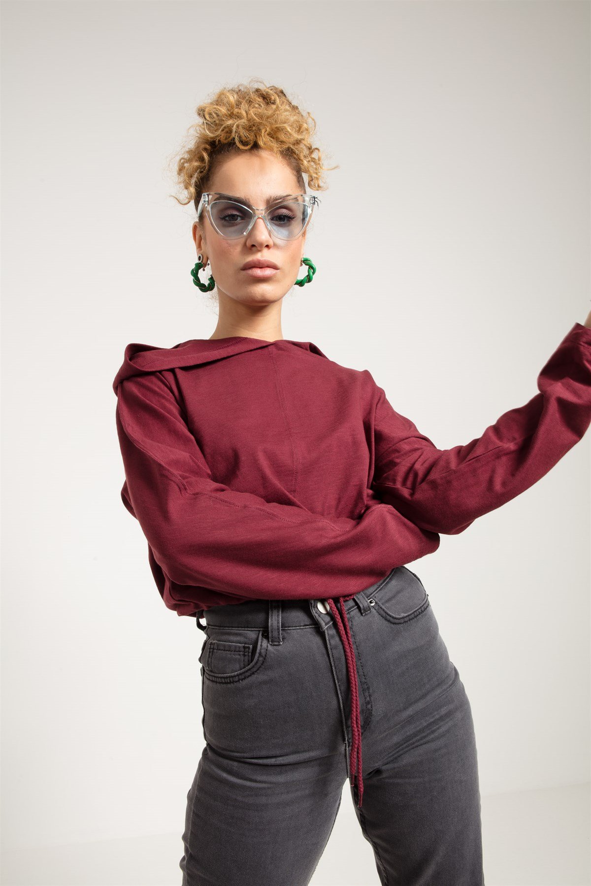 Crop Fit Bordo Kadın Kapüşonlu