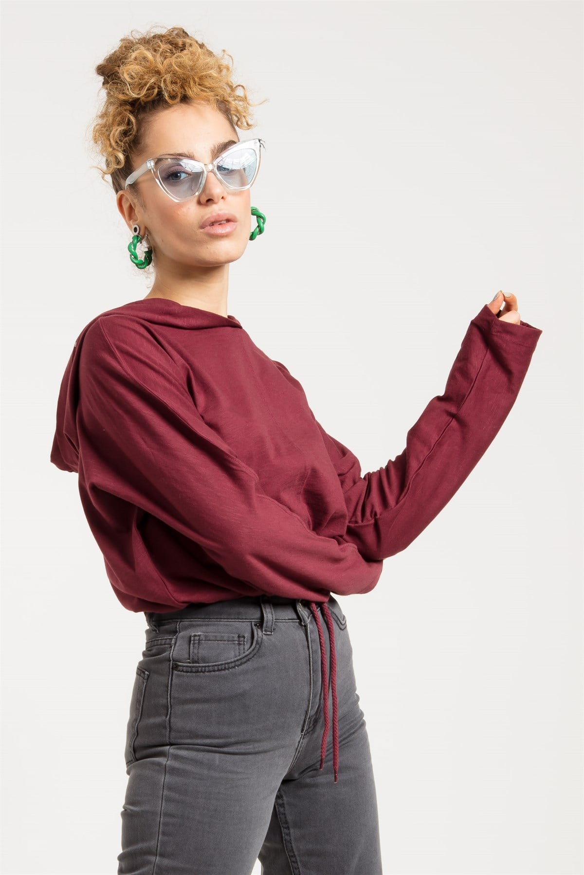 Crop Fit Bordo Kadın Kapüşonlu