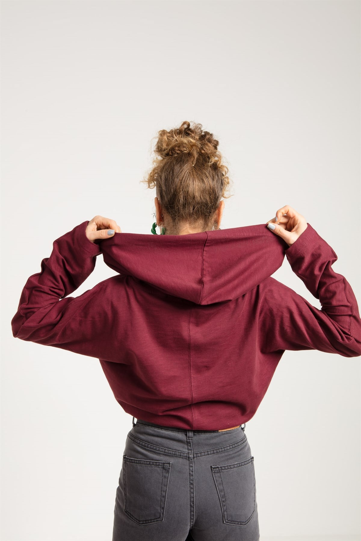 Crop Fit Bordo Kadın Kapüşonlu