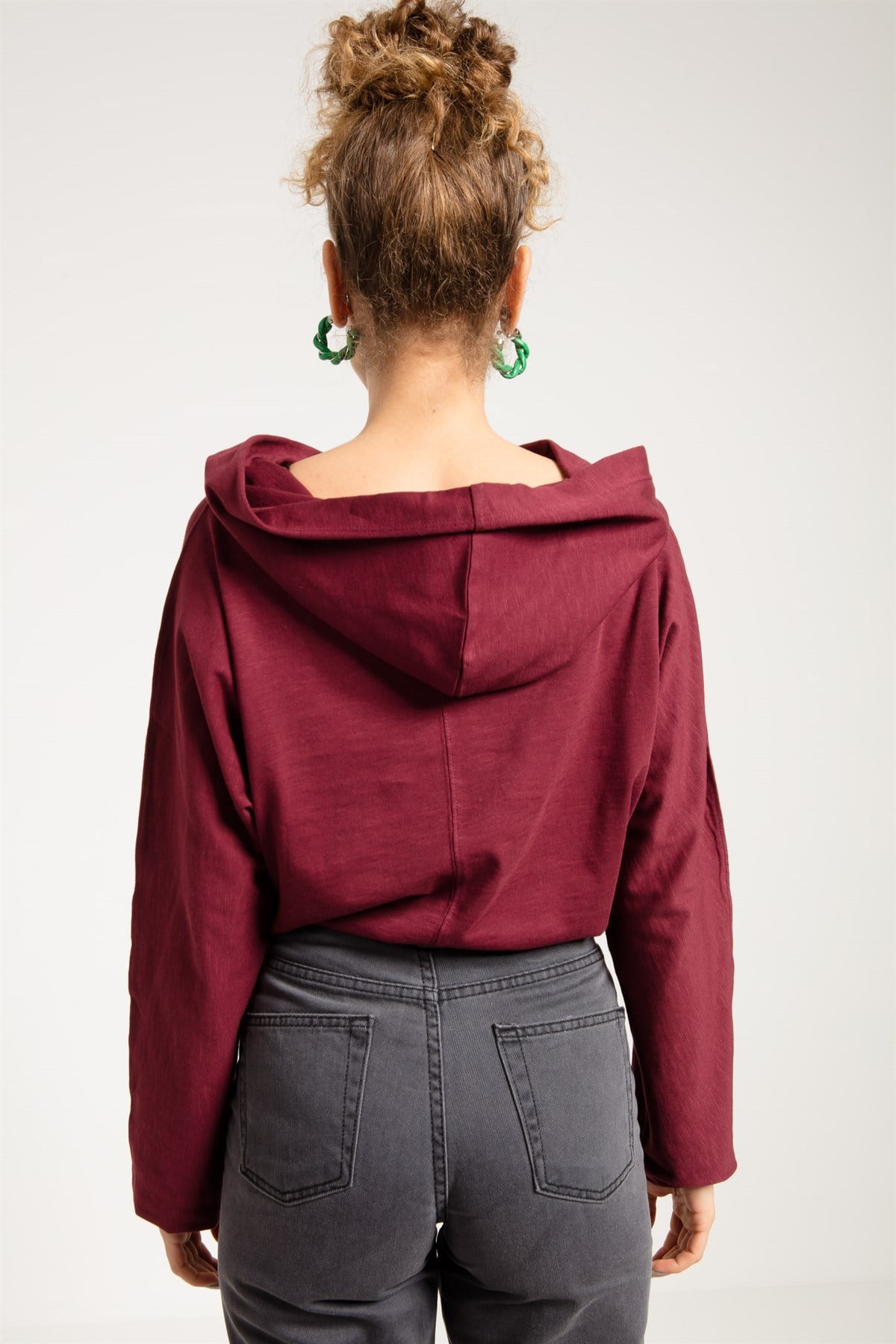 Crop Fit Bordo Kadın Kapüşonlu