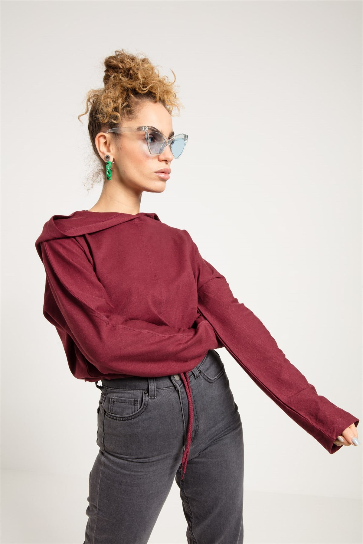 Crop Fit Bordo Kadın Kapüşonlu