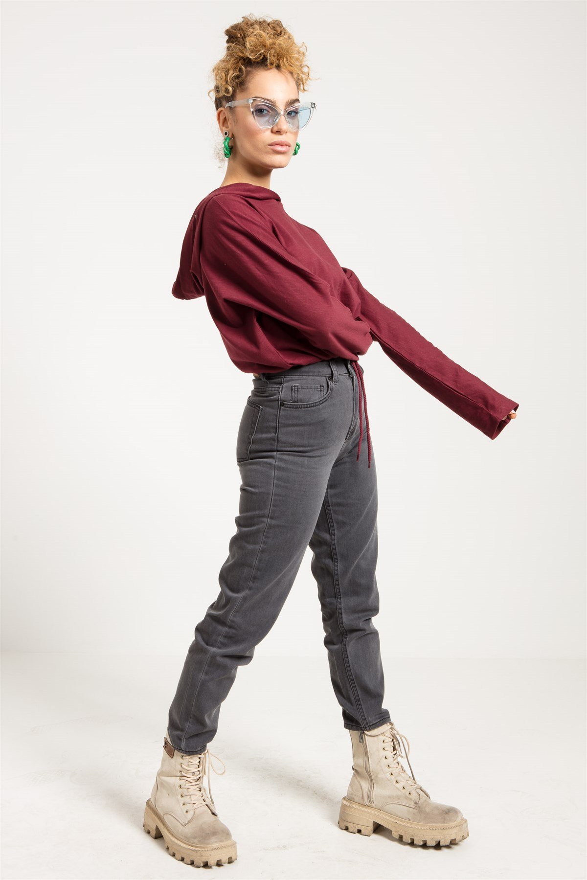 Crop Fit Bordo Kadın Kapüşonlu
