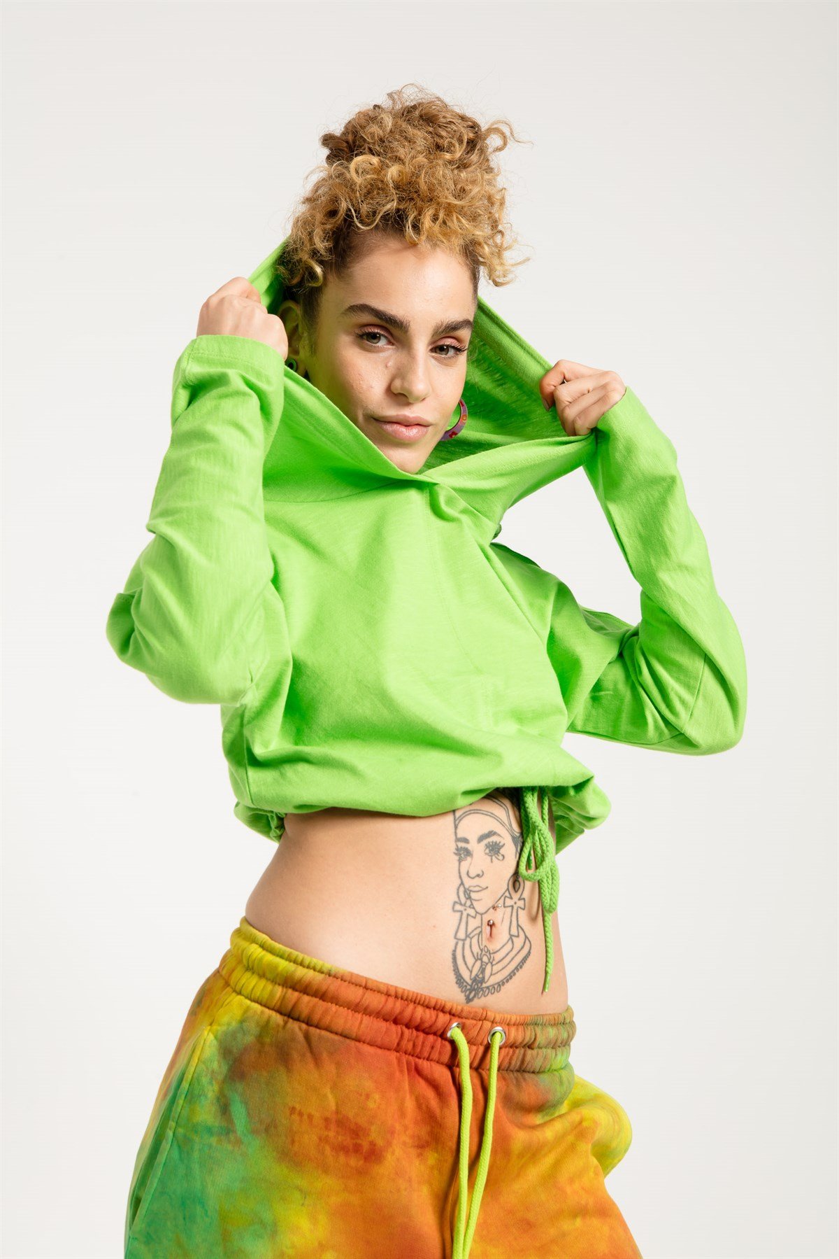 Crop Fit Neon Yeşil Kadın Kapüşonlu