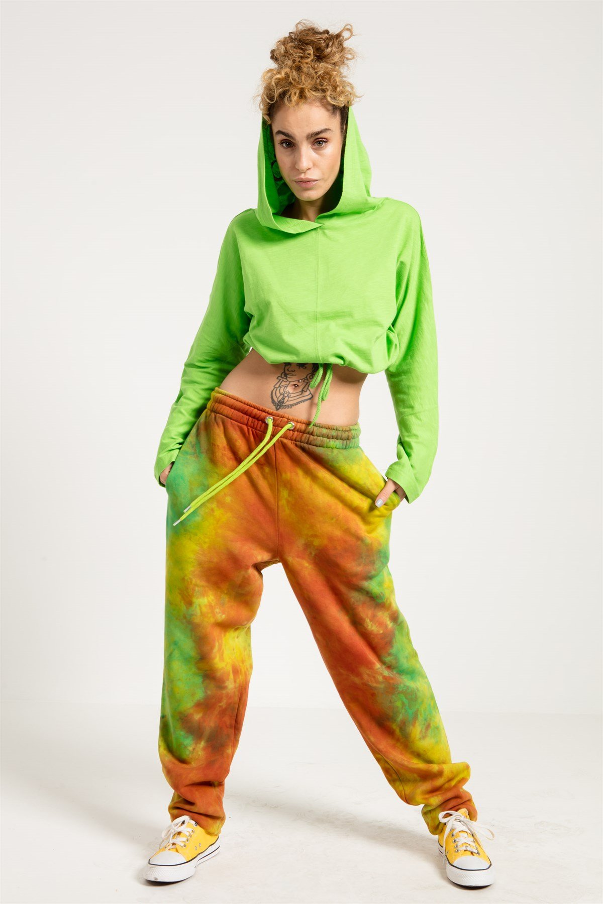 Crop Fit Neon Yeşil Kadın Kapüşonlu