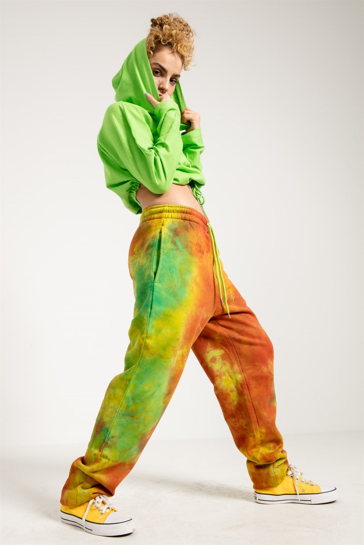 Crop Fit Neon Yeşil Kadın Kapüşonlu