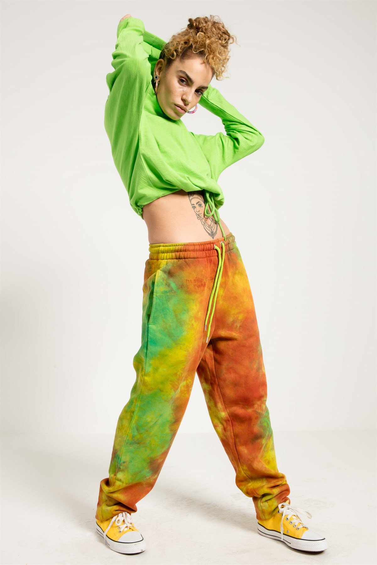 Crop Fit Neon Yeşil Kadın Kapüşonlu