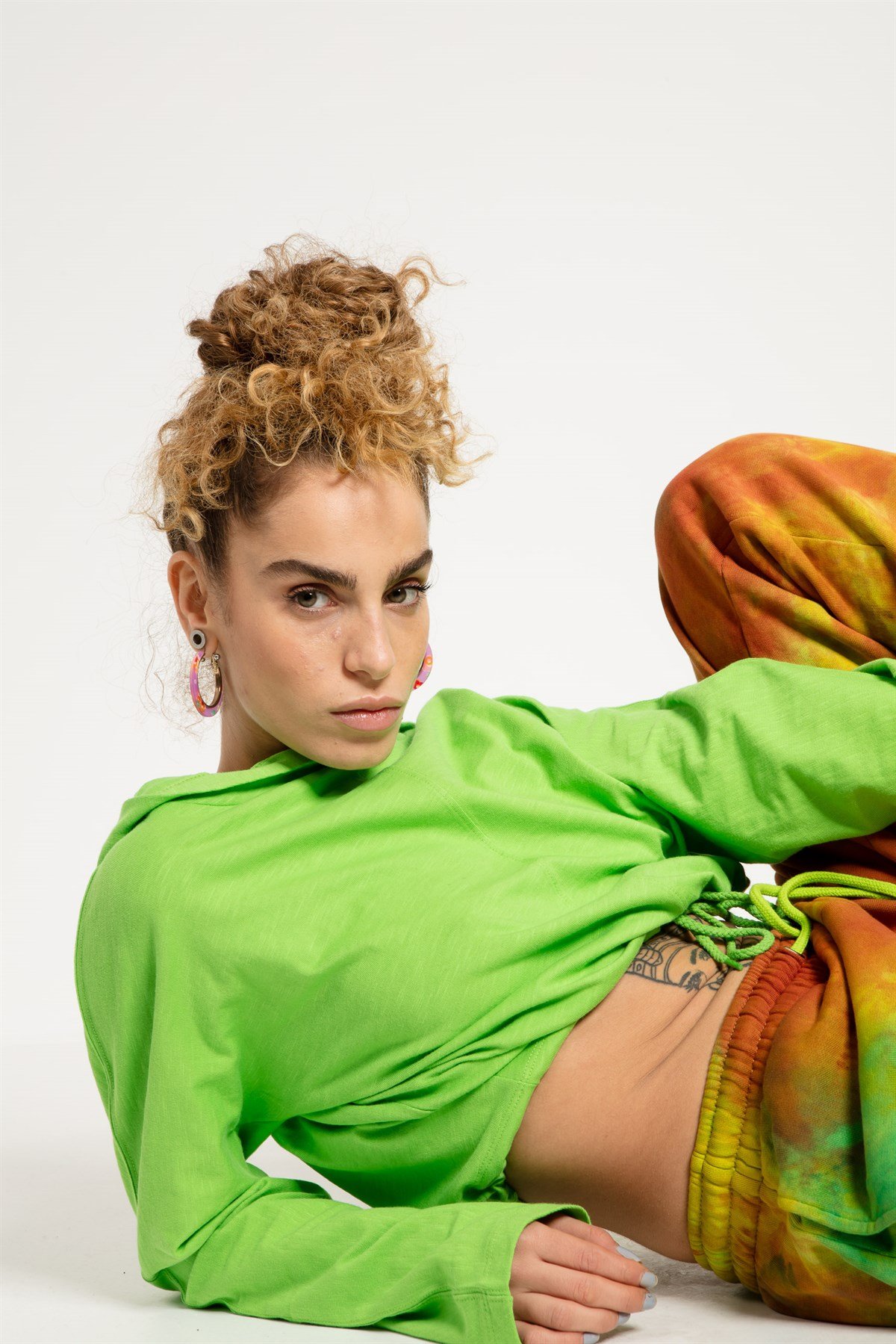 Crop Fit Neon Yeşil Kadın Kapüşonlu