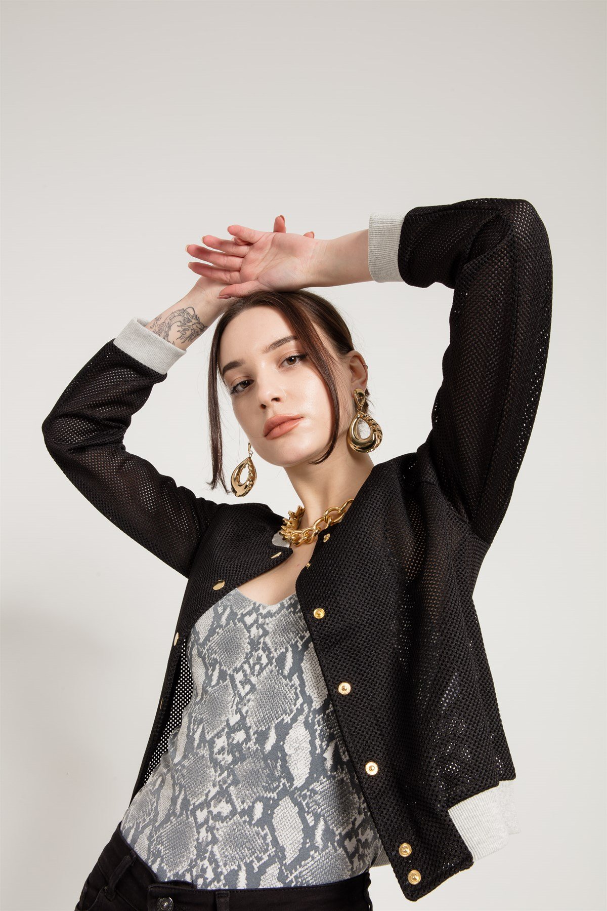 Cropped Mesh Bomber Jacket in Black