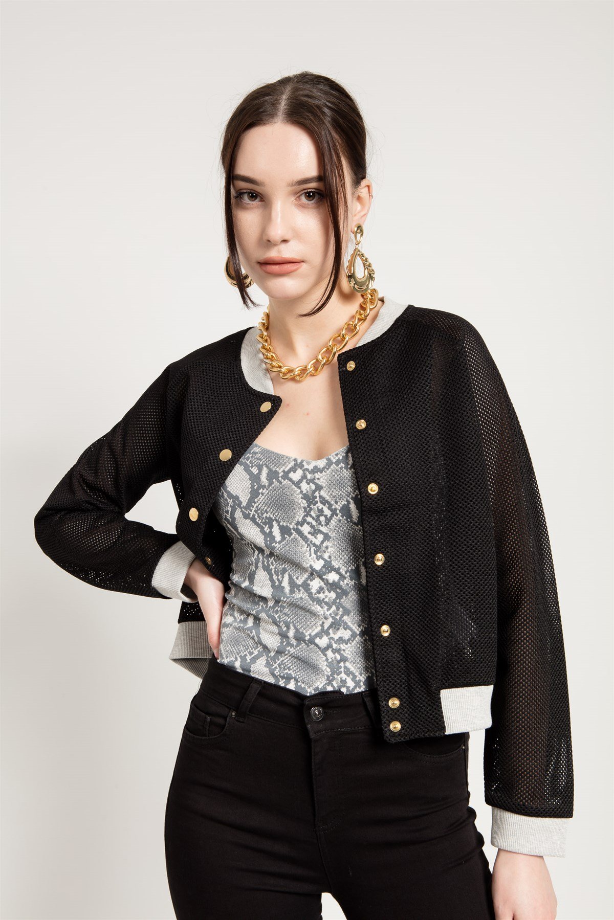 Cropped Mesh Bomber Jacket in Black