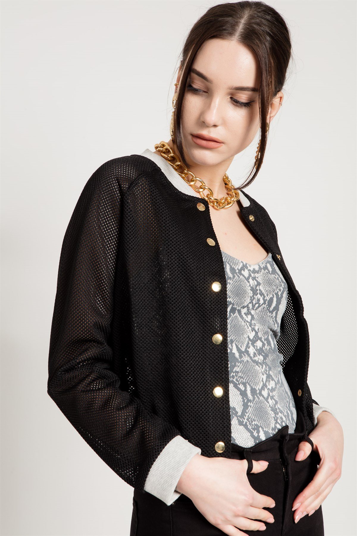 Cropped Mesh Bomber Jacket in Black