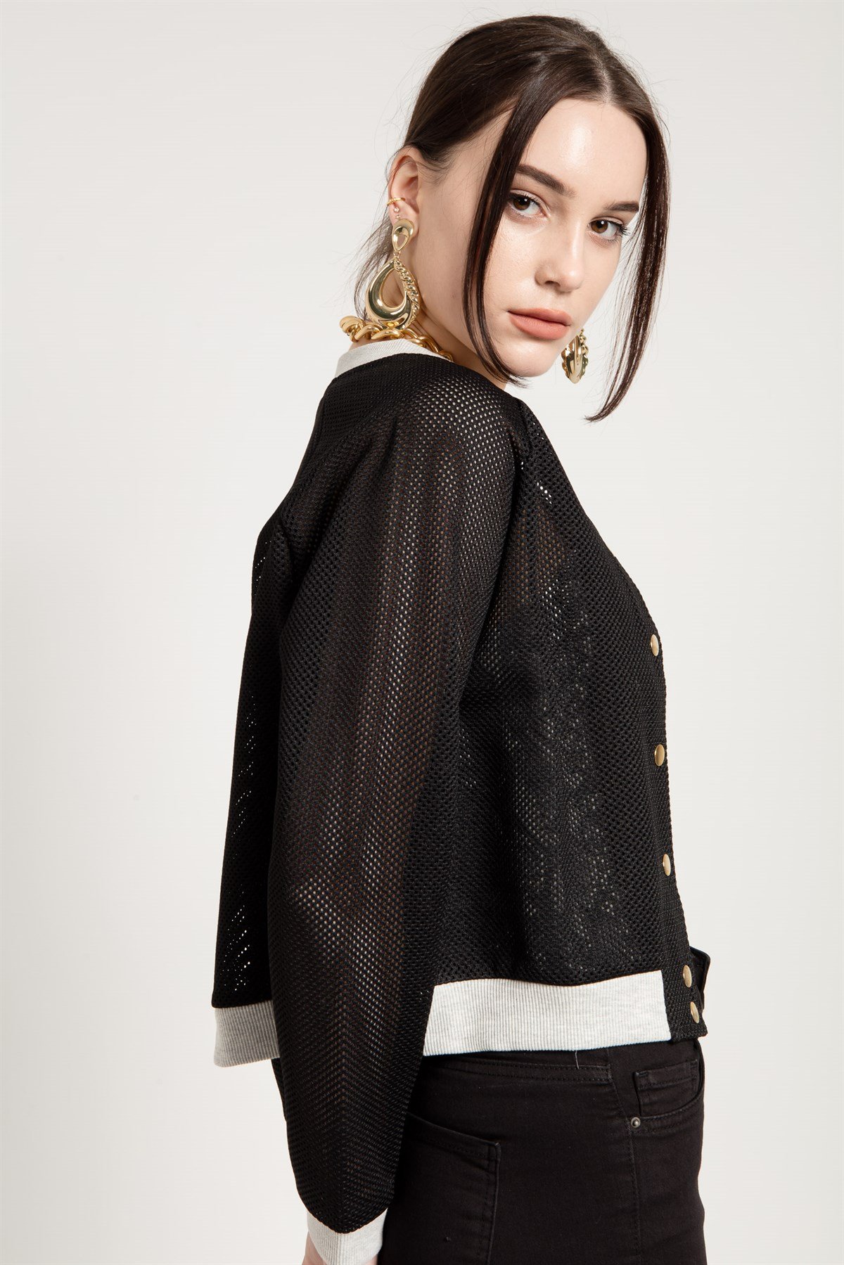 Cropped Mesh Bomber Jacket in Black