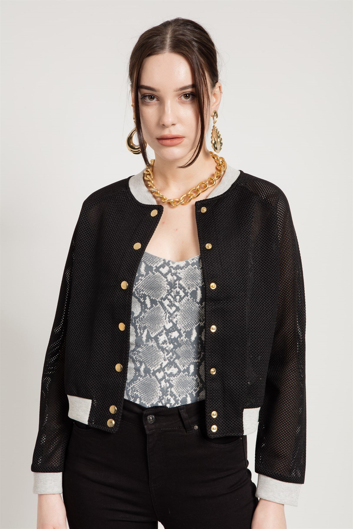 Cropped Mesh Bomber Jacket in Black