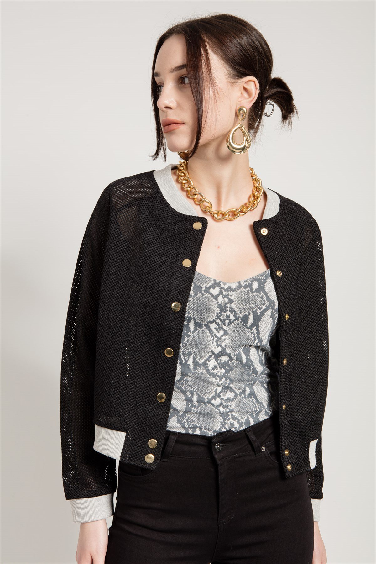 Cropped Mesh Bomber Jacket in Black