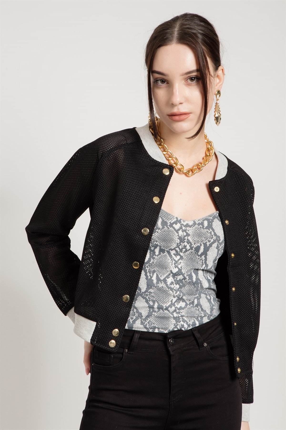 Cropped Mesh Bomber Jacket in Black