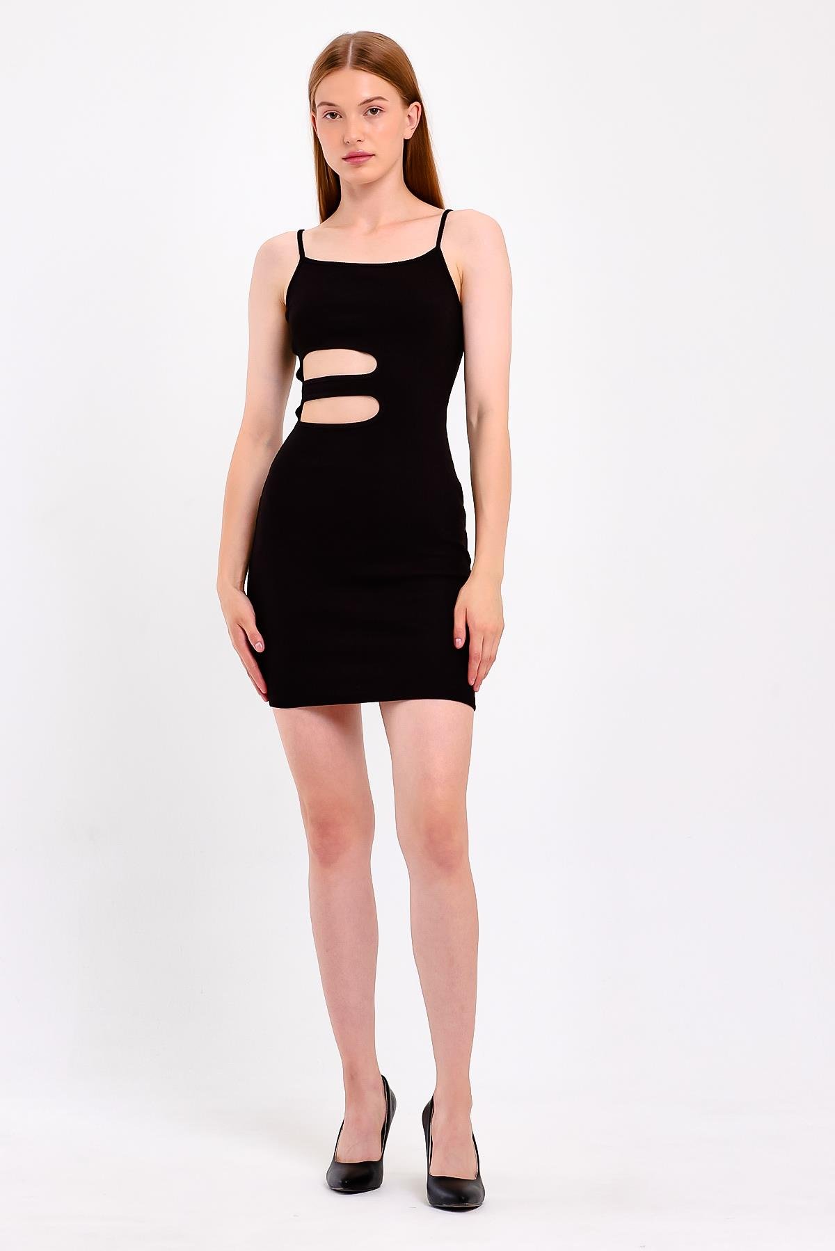 Cut Out Ayarlanabilir Askılı Siyah Örme Elbise