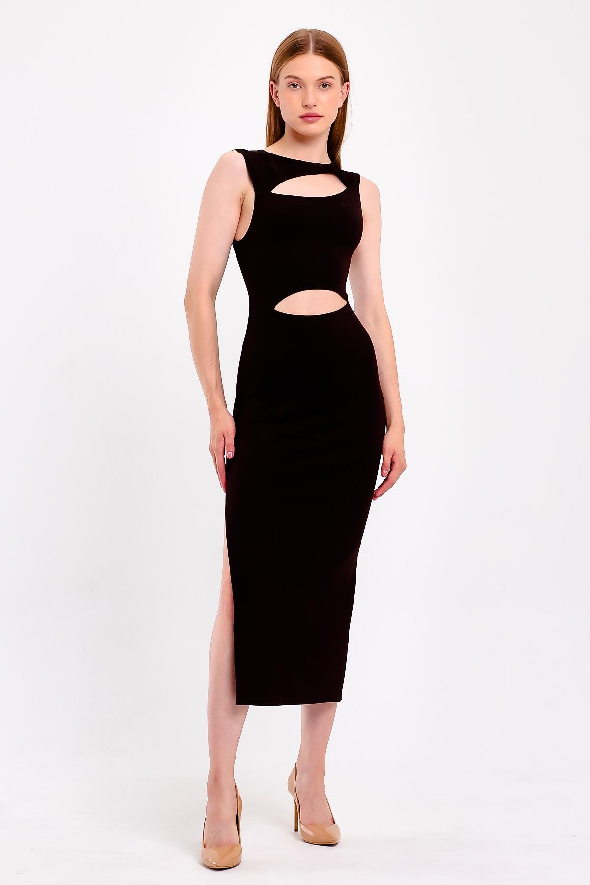 Cut Out Yırtmaçlı Siyah Bodycon Elbise