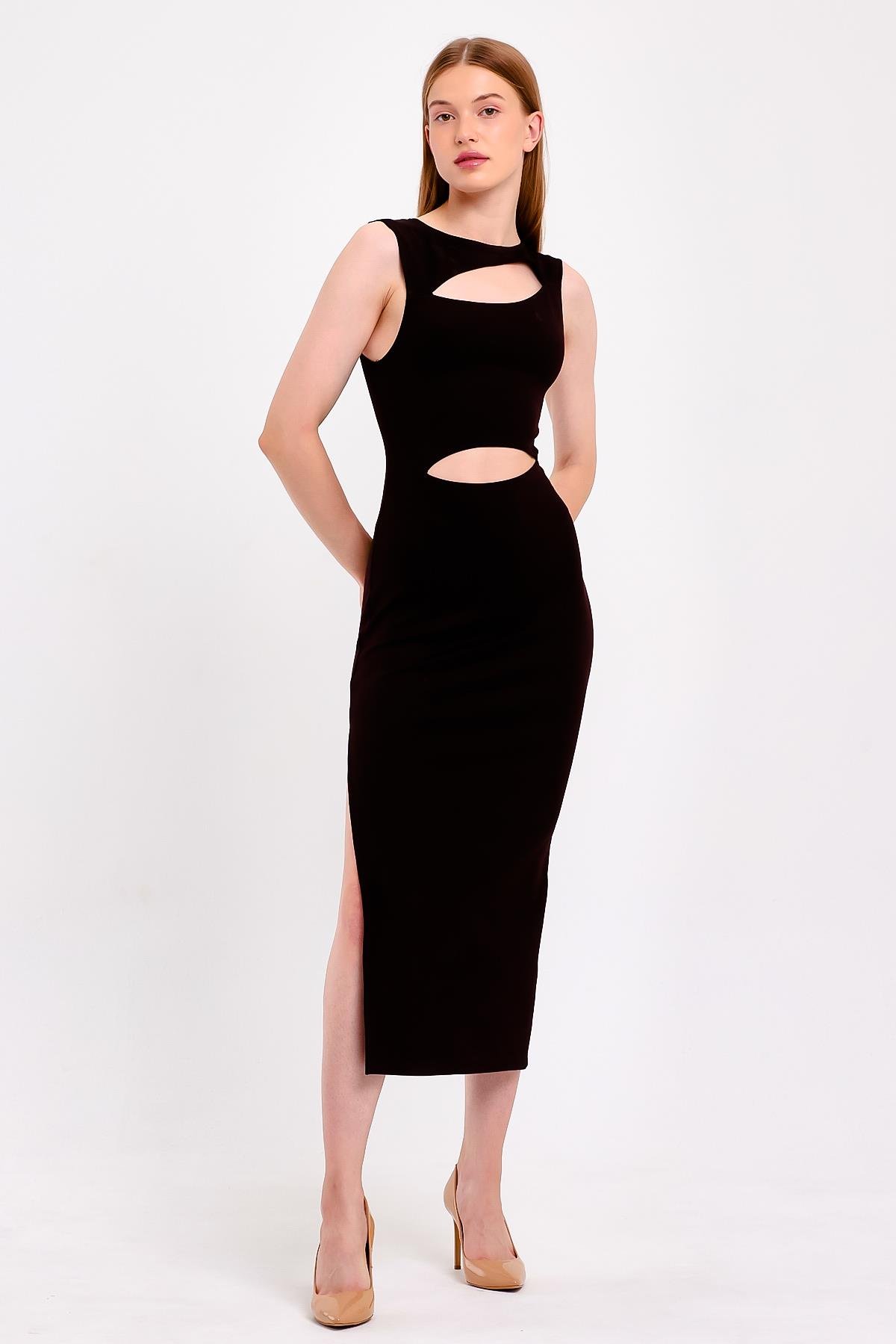 Cut Out Yırtmaçlı Siyah Bodycon Elbise