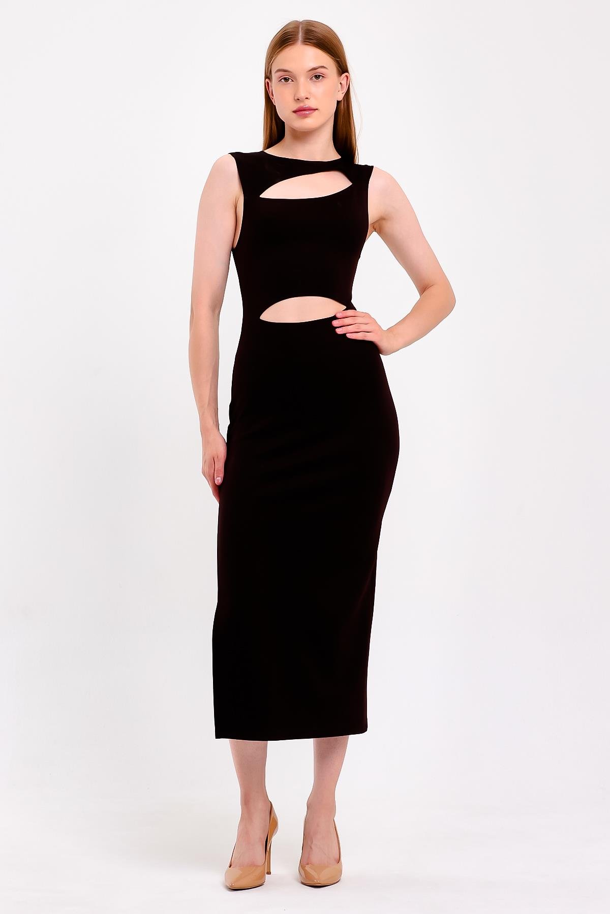 Cut Out Yırtmaçlı Siyah Bodycon Elbise