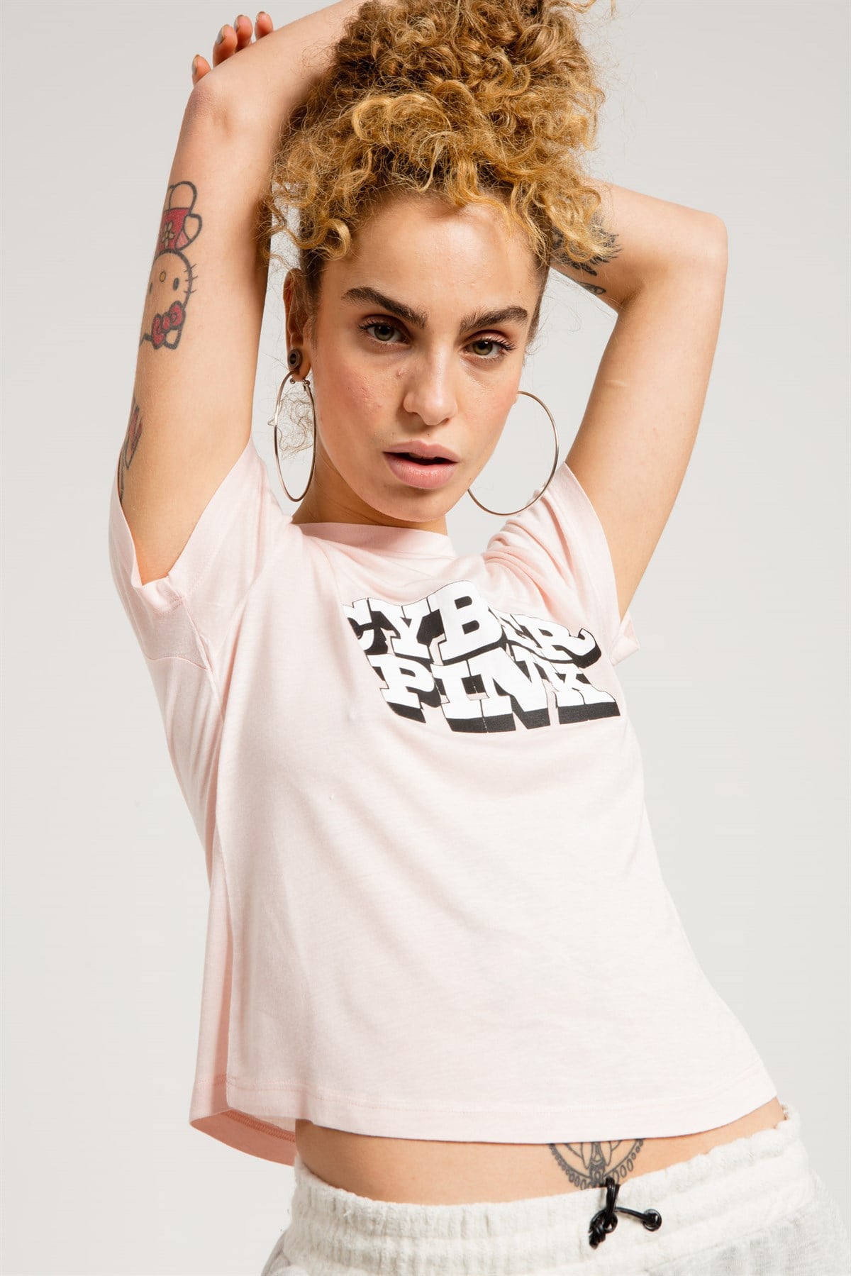 Cyberpink Baskılı Pembe Bisiklet Yaka Kadın T-shirt