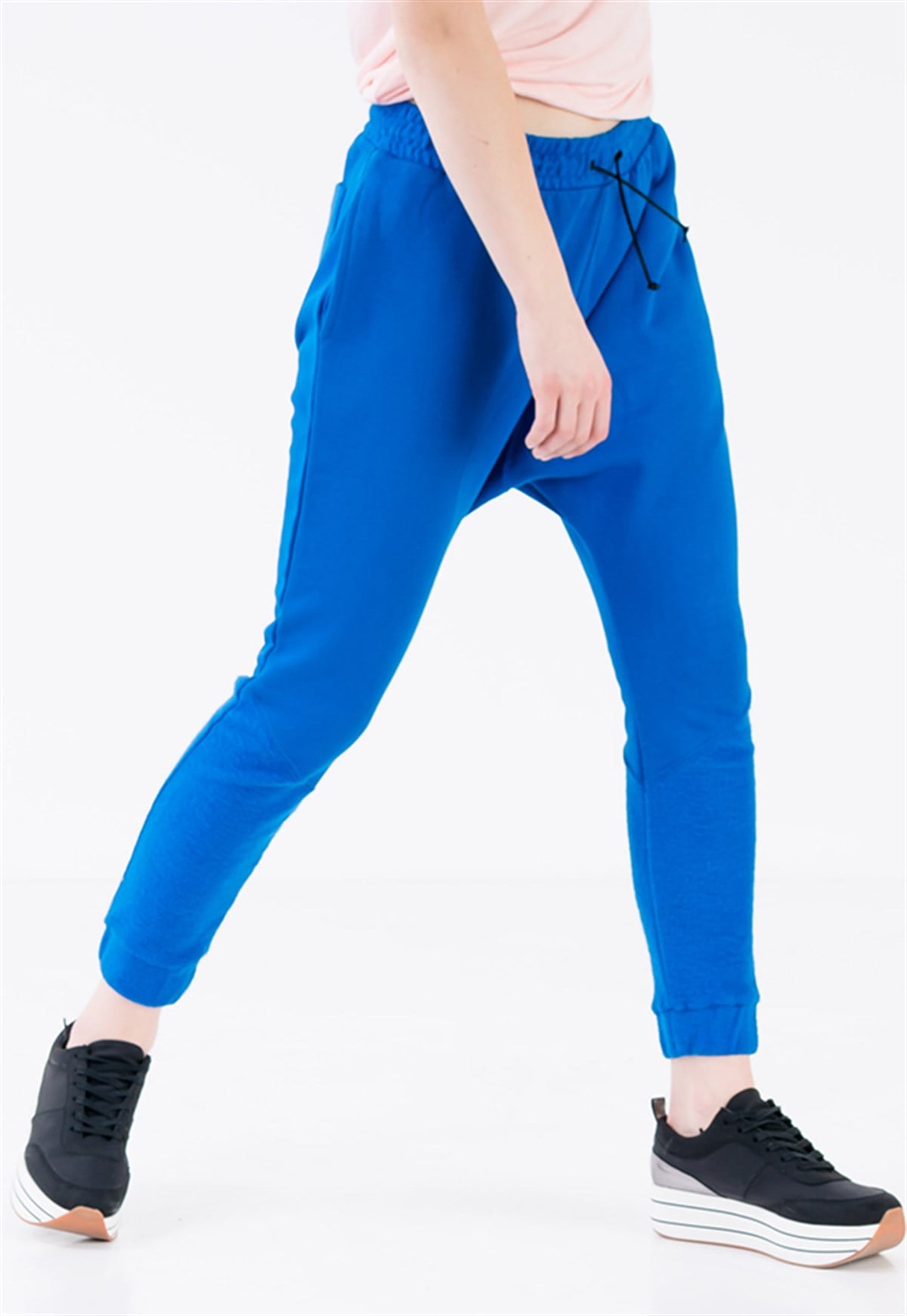 Drop Crotch Joggers in Blue with Leather Drawstring