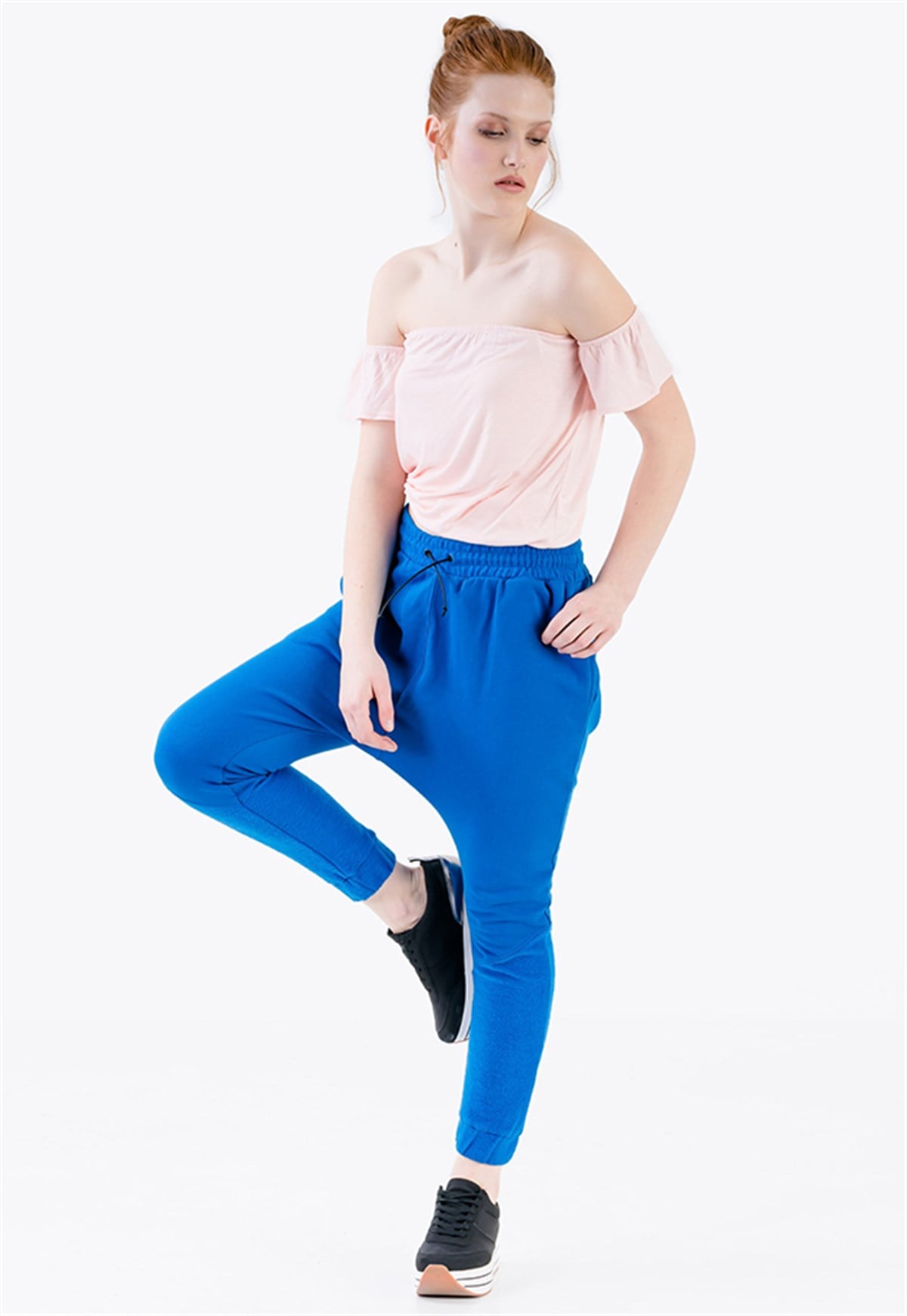 Drop Crotch Joggers in Blue with Leather Drawstring