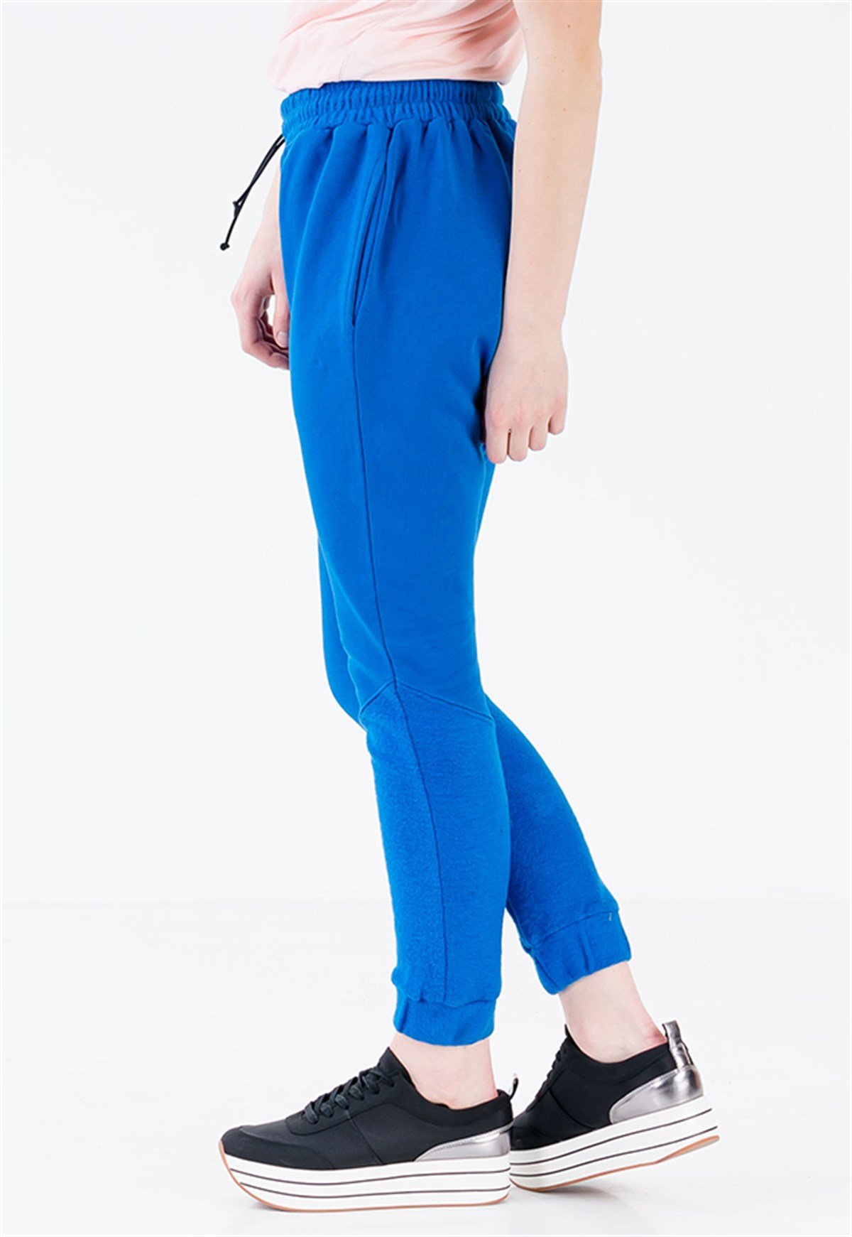 Drop Crotch Joggers in Blue with Leather Drawstring