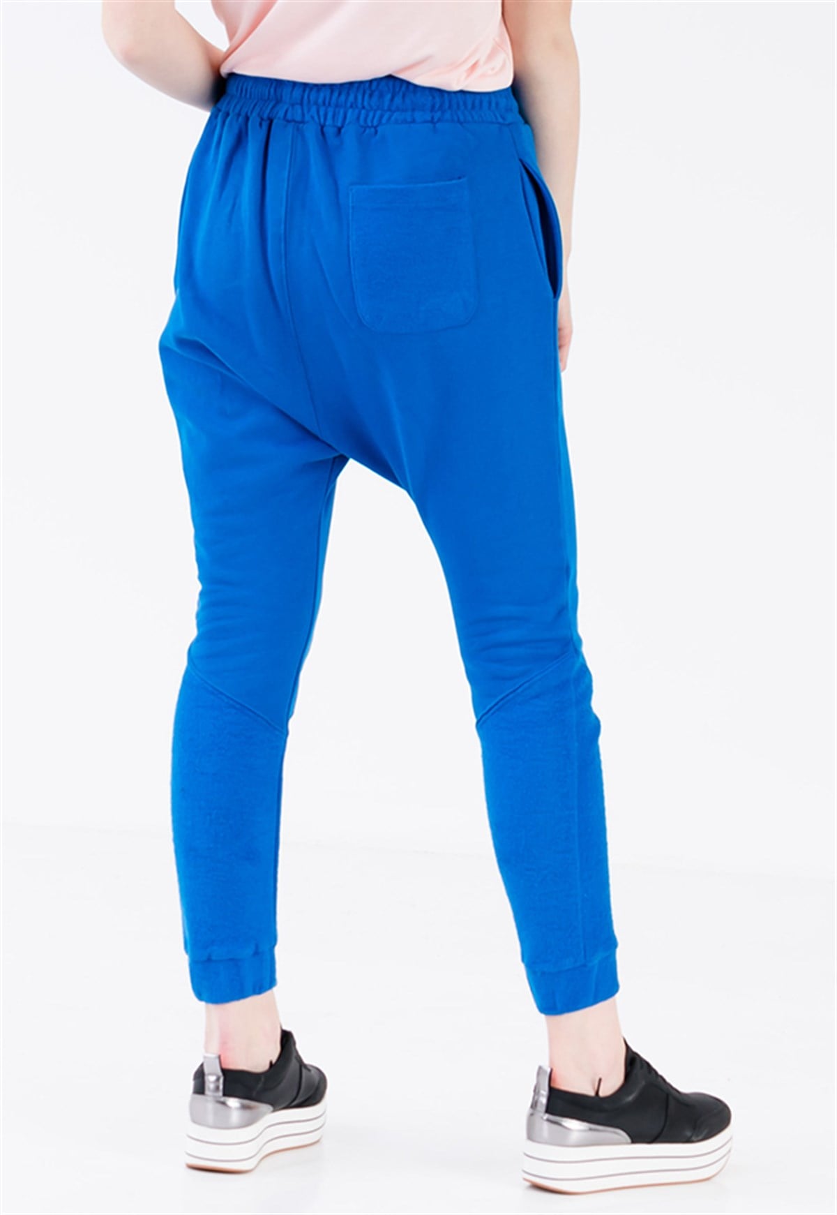 Drop Crotch Joggers in Blue with Leather Drawstring