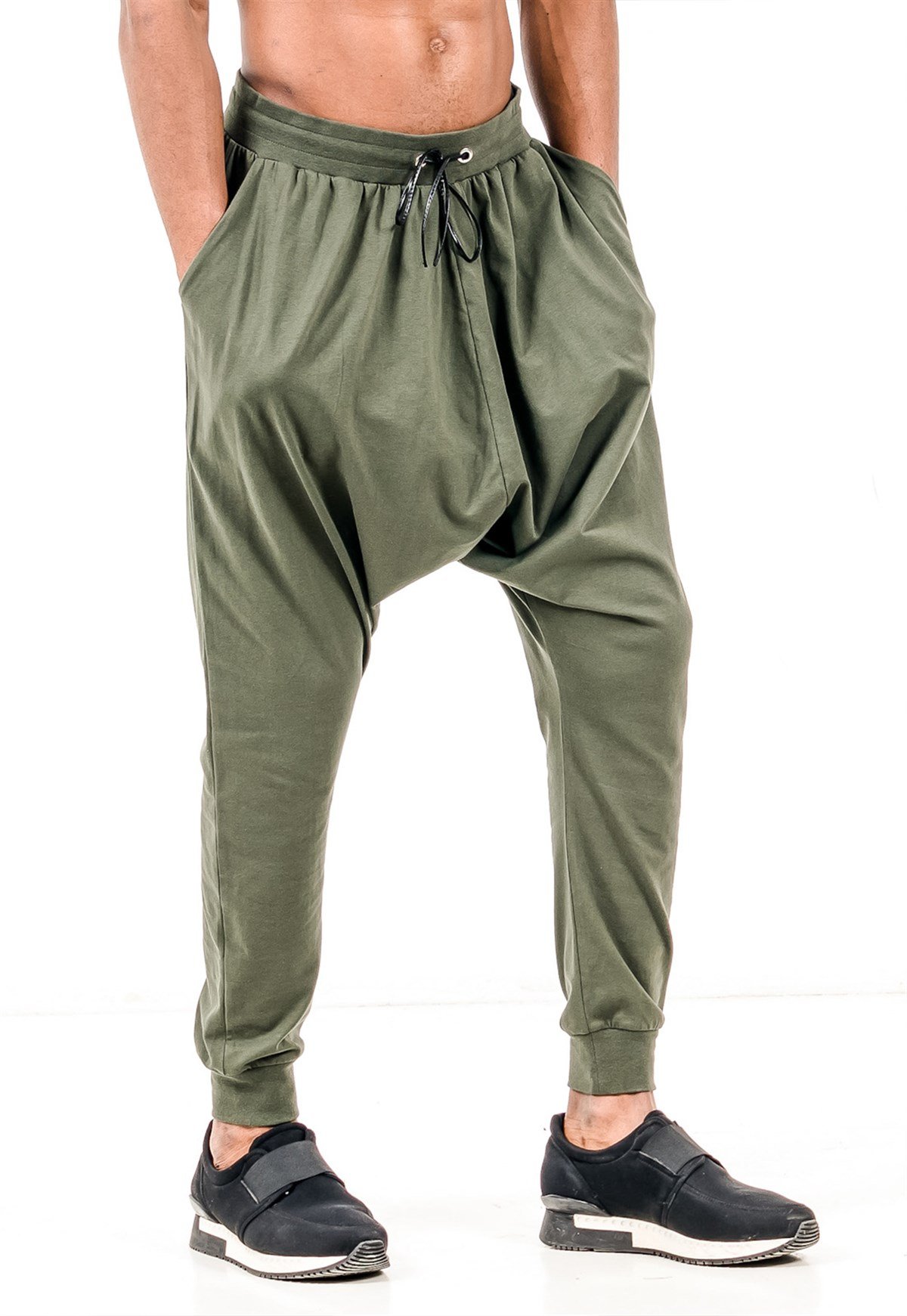 Extreme Drop Crotch Joggers in Khaki with Drawstring