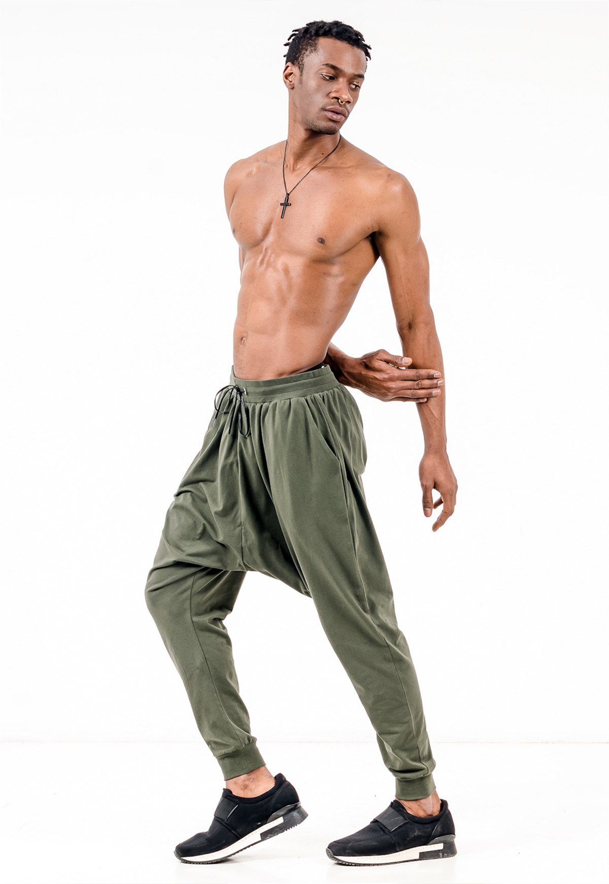 Extreme Drop Crotch Joggers in Khaki with Drawstring