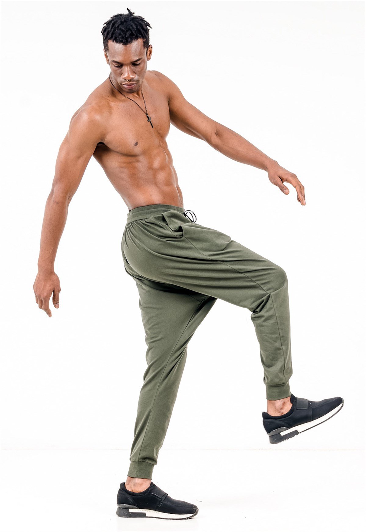 Extreme Drop Crotch Joggers in Khaki with Drawstring
