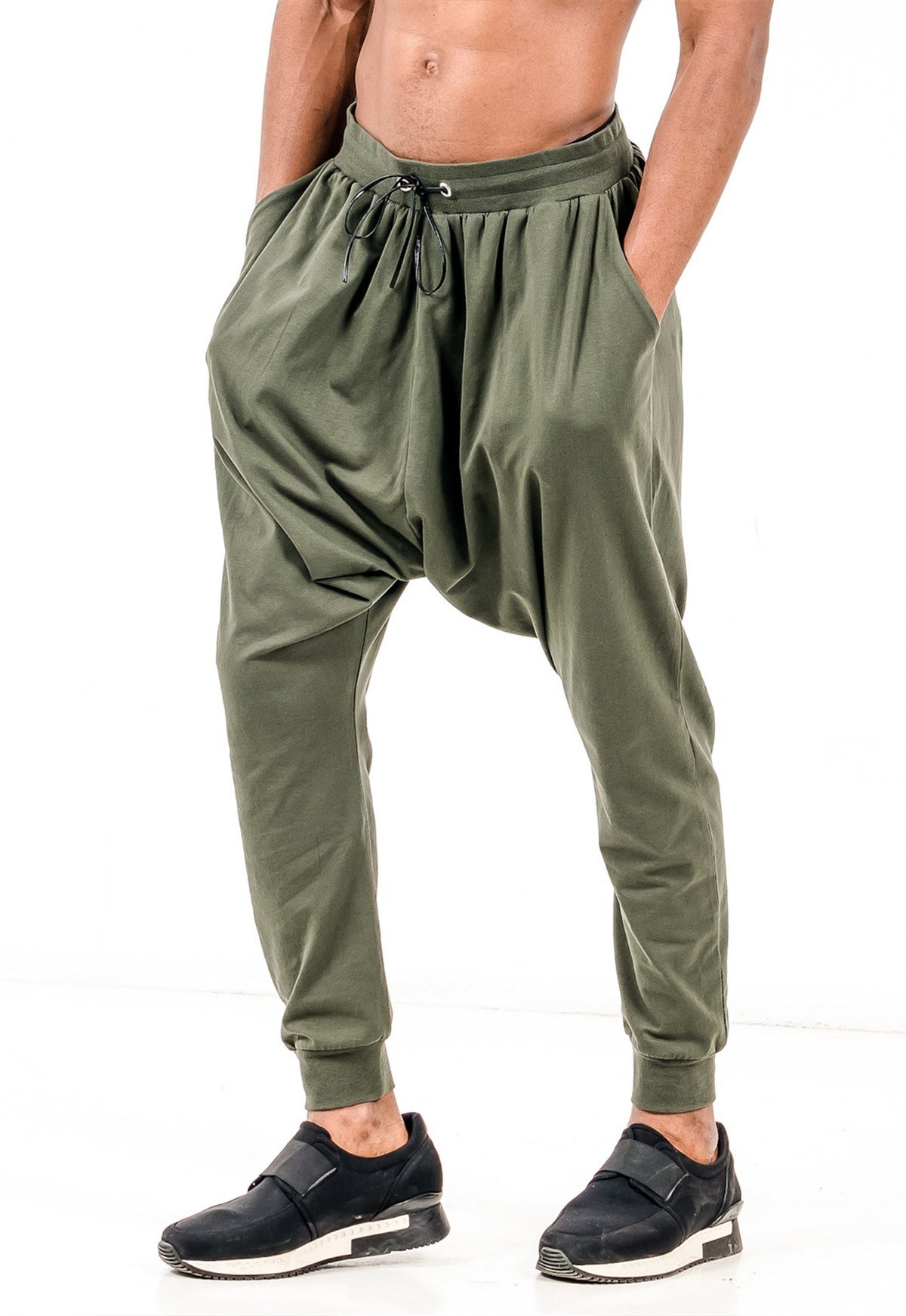 Extreme Drop Crotch Joggers in Khaki with Drawstring