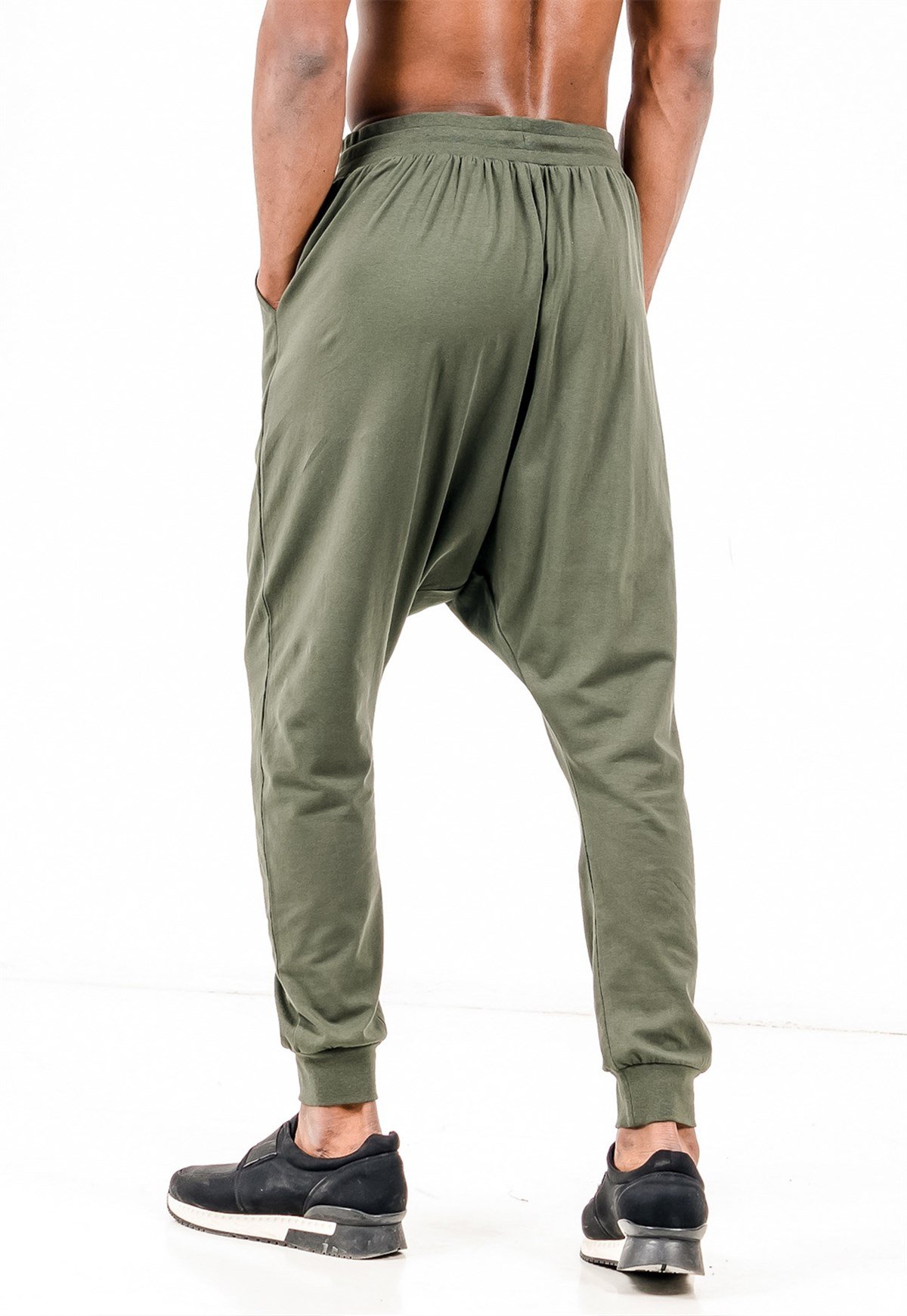 Extreme Drop Crotch Joggers in Khaki with Drawstring