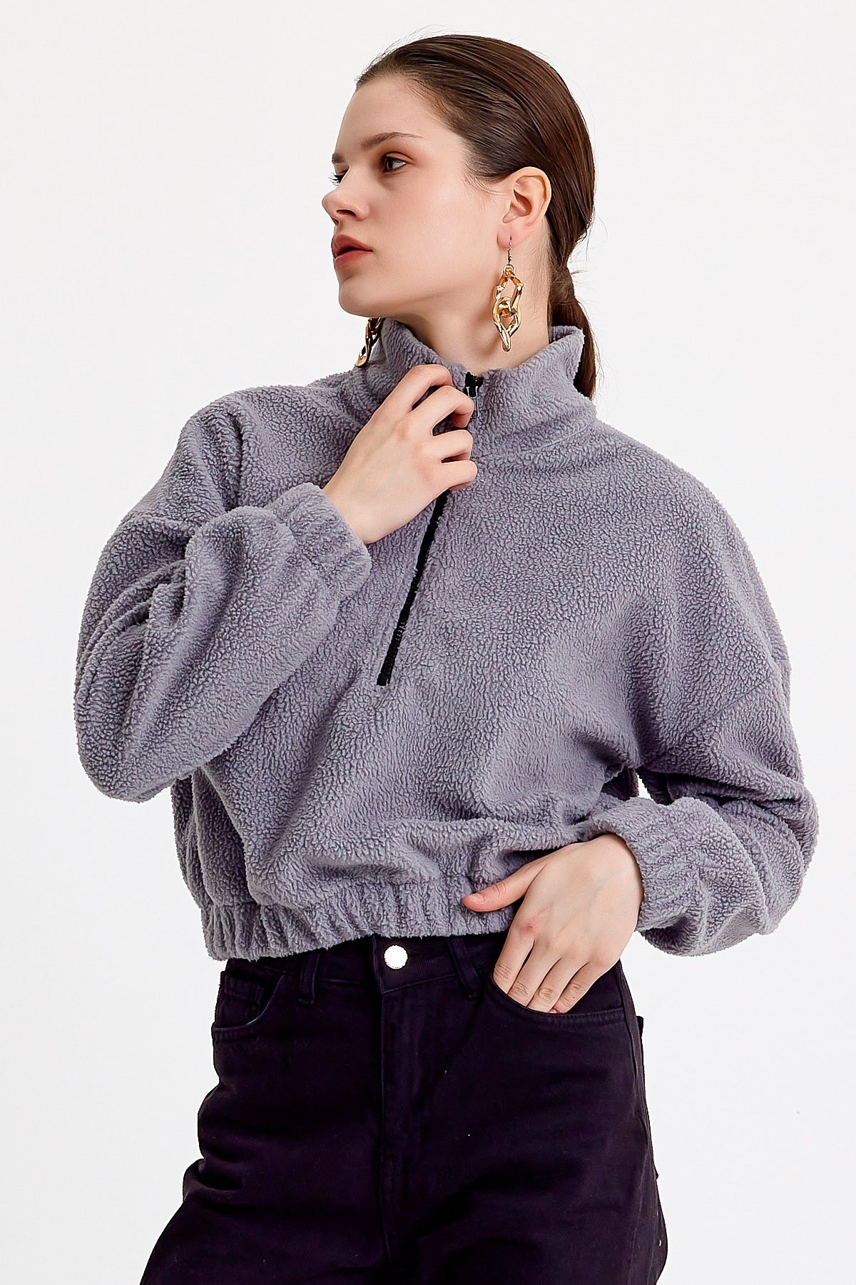 Dik Yaka Crop Fit Gri Kadın Peluş Sweatshirt