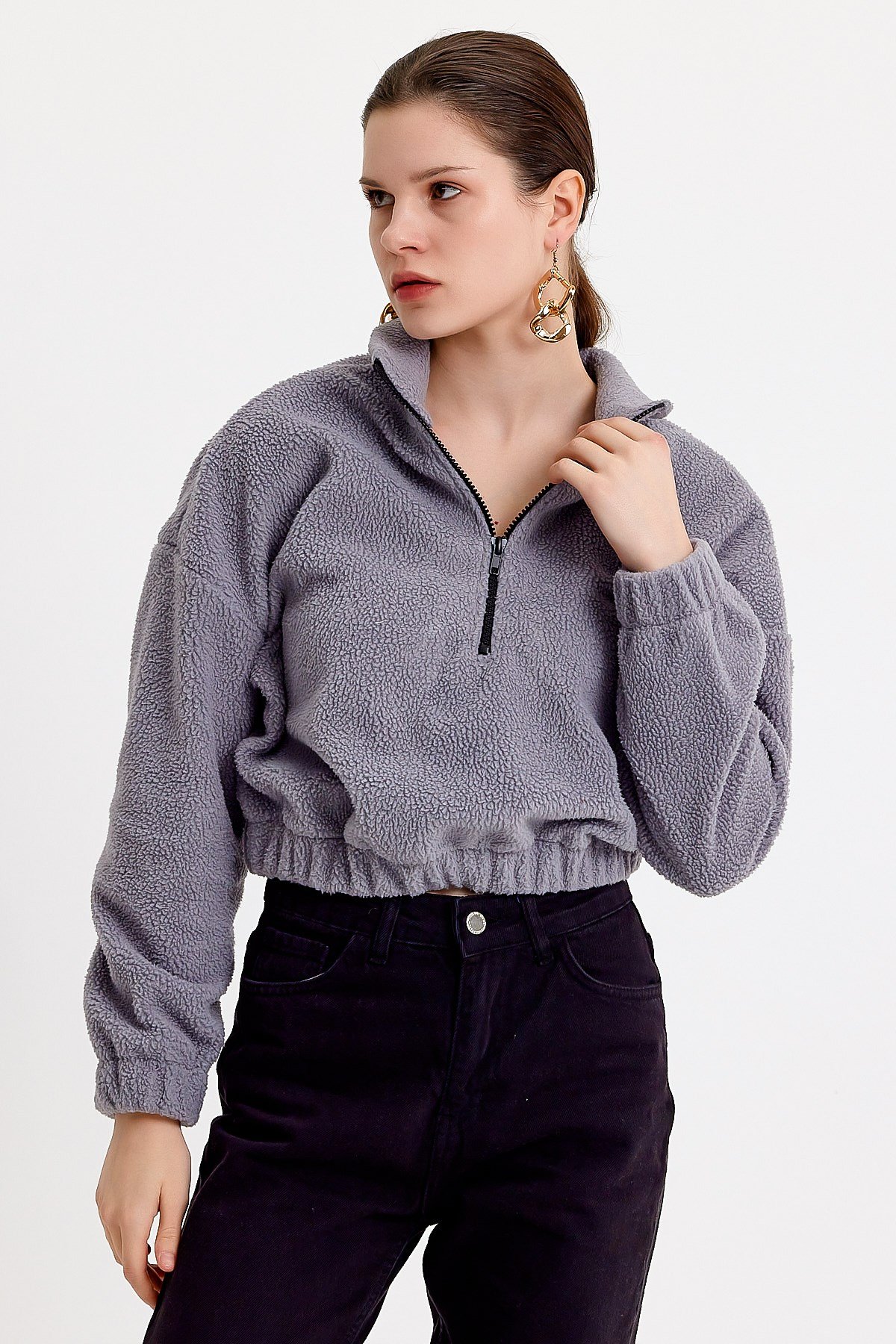 Dik Yaka Crop Fit Gri Kadın Peluş Sweatshirt