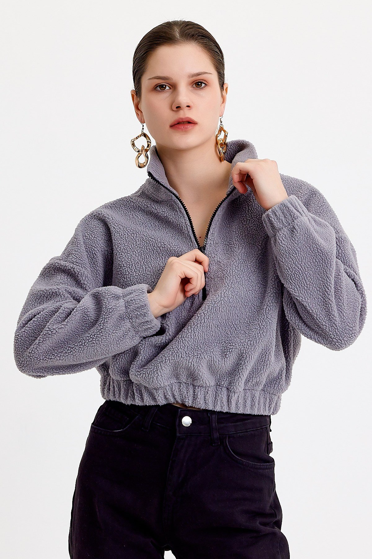 Dik Yaka Crop Fit Gri Kadın Peluş Sweatshirt