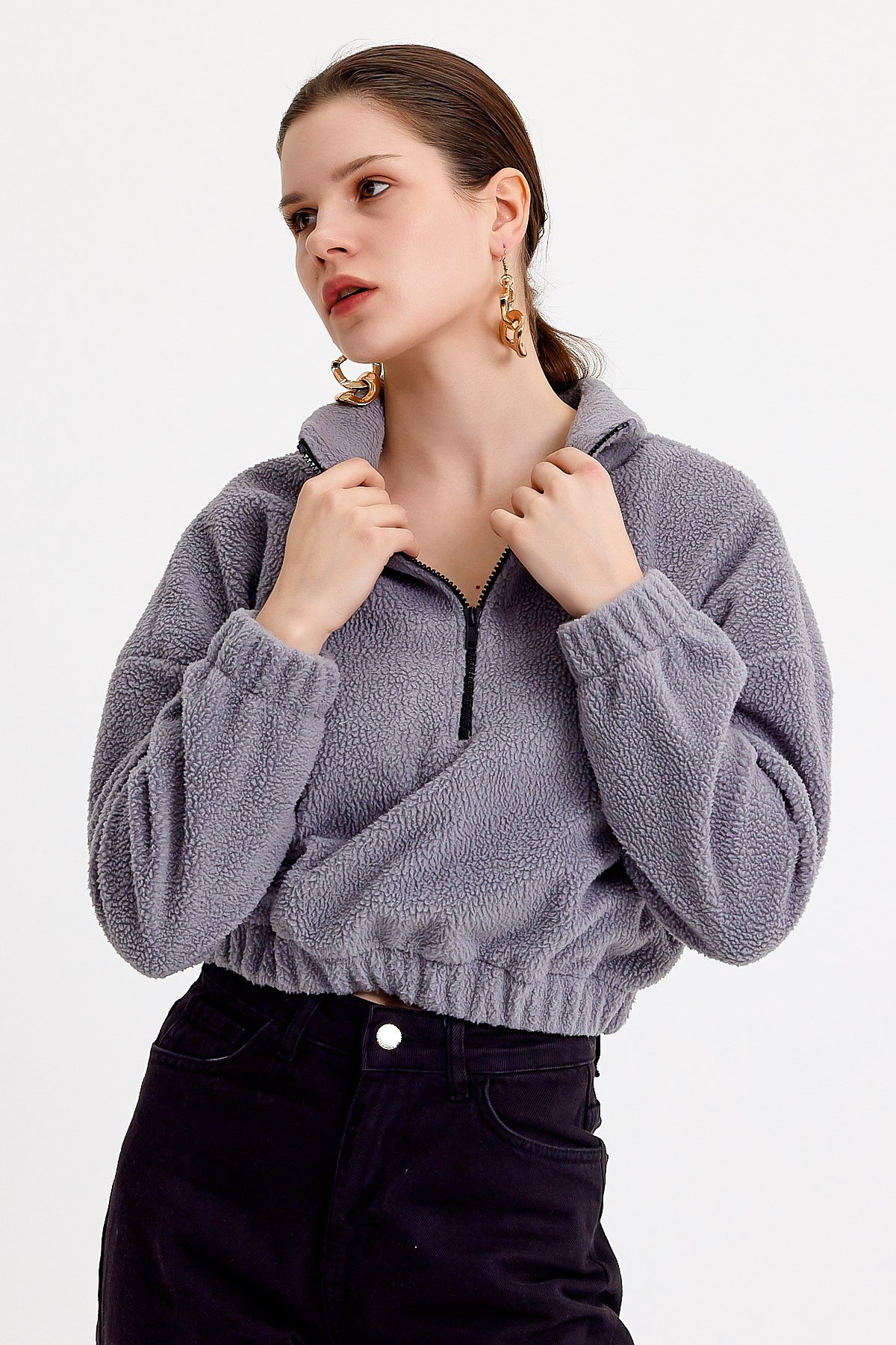 Dik Yaka Crop Fit Gri Kadın Peluş Sweatshirt