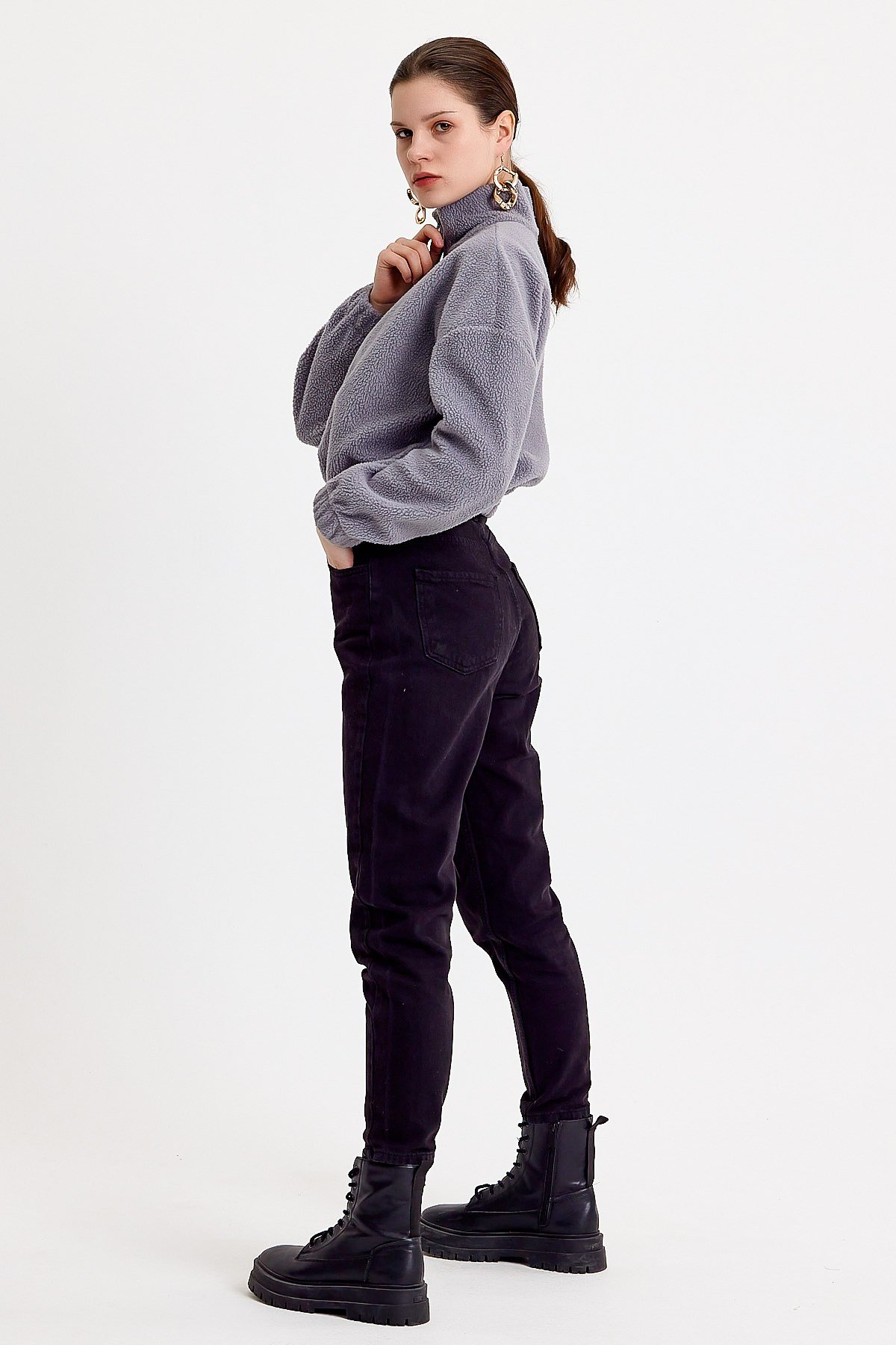 Dik Yaka Crop Fit Gri Kadın Peluş Sweatshirt