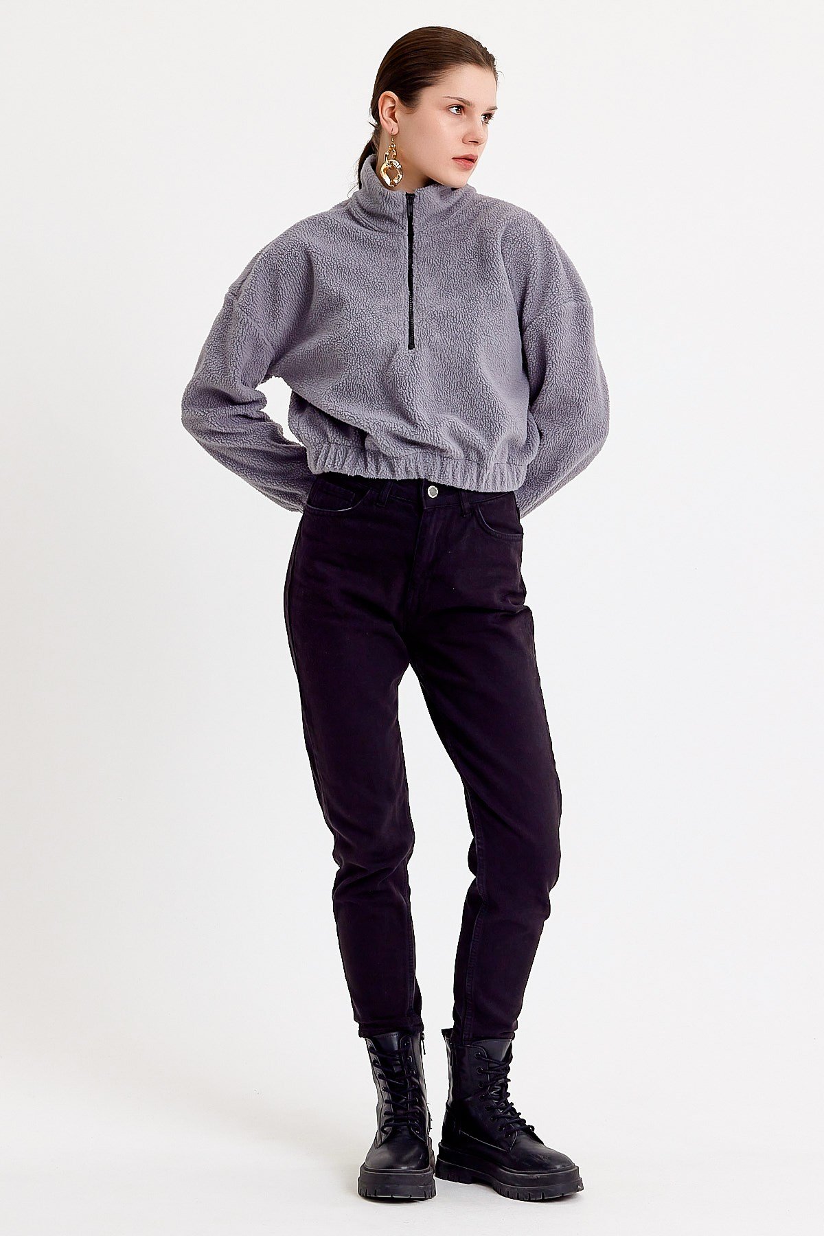 Dik Yaka Crop Fit Gri Kadın Peluş Sweatshirt