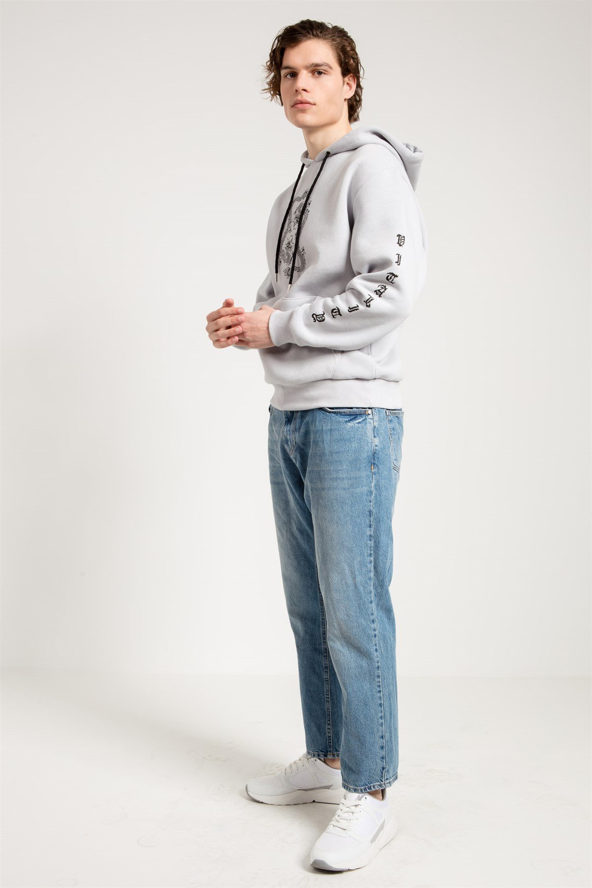 Dragon Baskılı Gri Oversize Erkek Sweatshirt