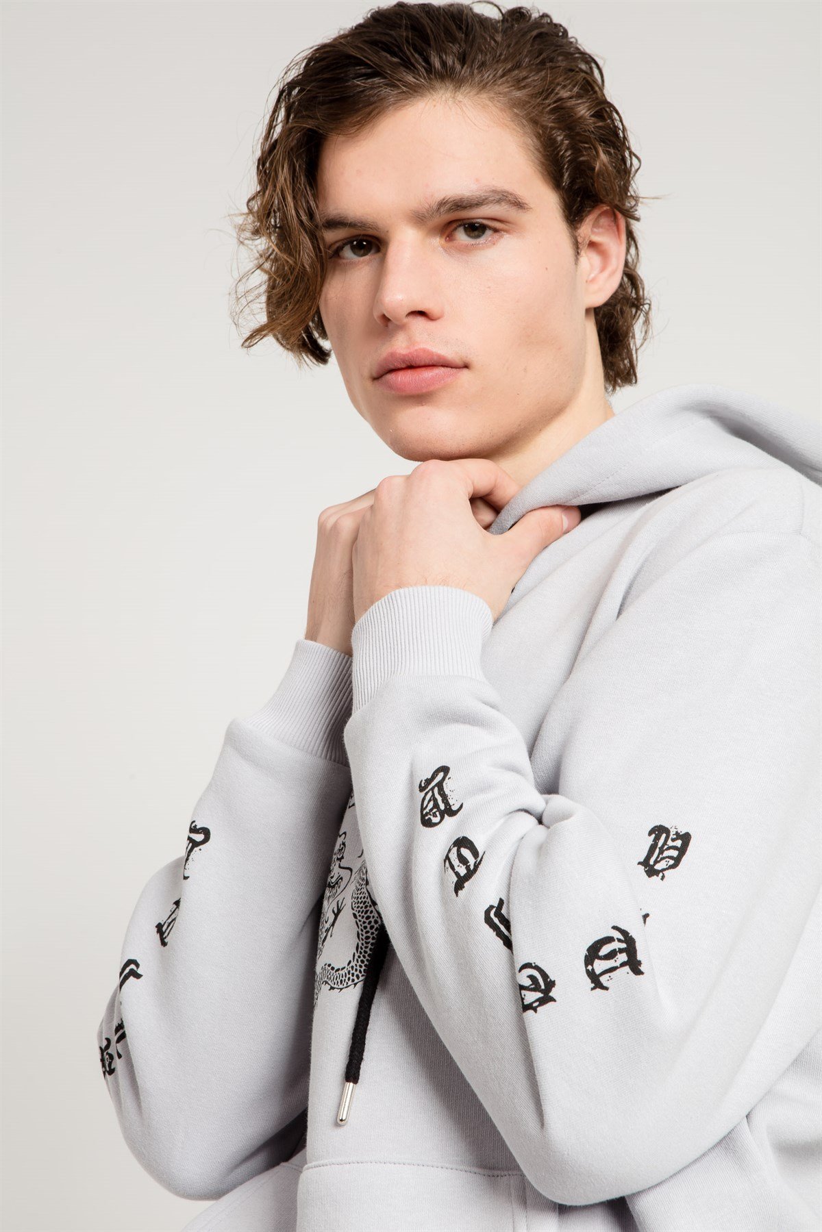 Dragon Baskılı Gri Oversize Erkek Sweatshirt