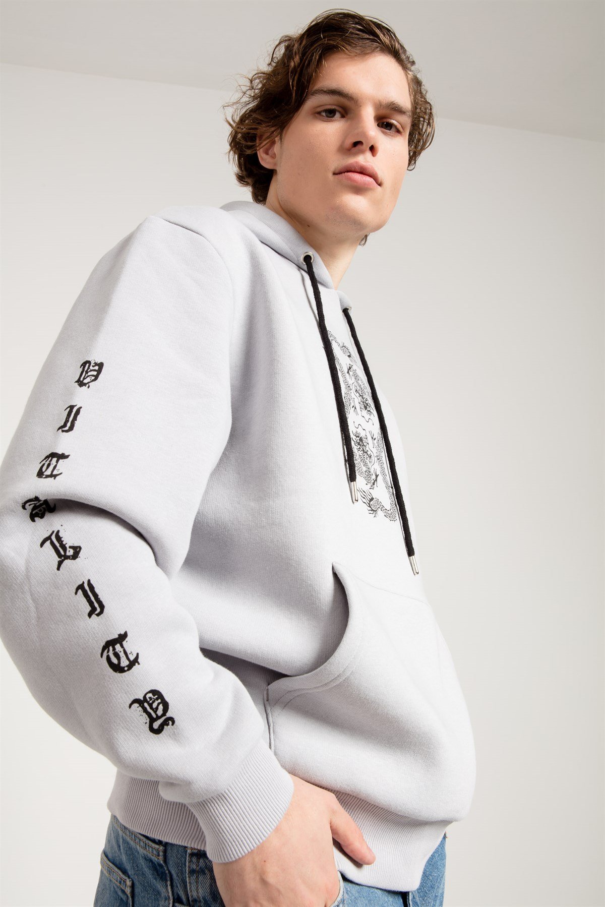 Dragon Baskılı Gri Oversize Erkek Sweatshirt