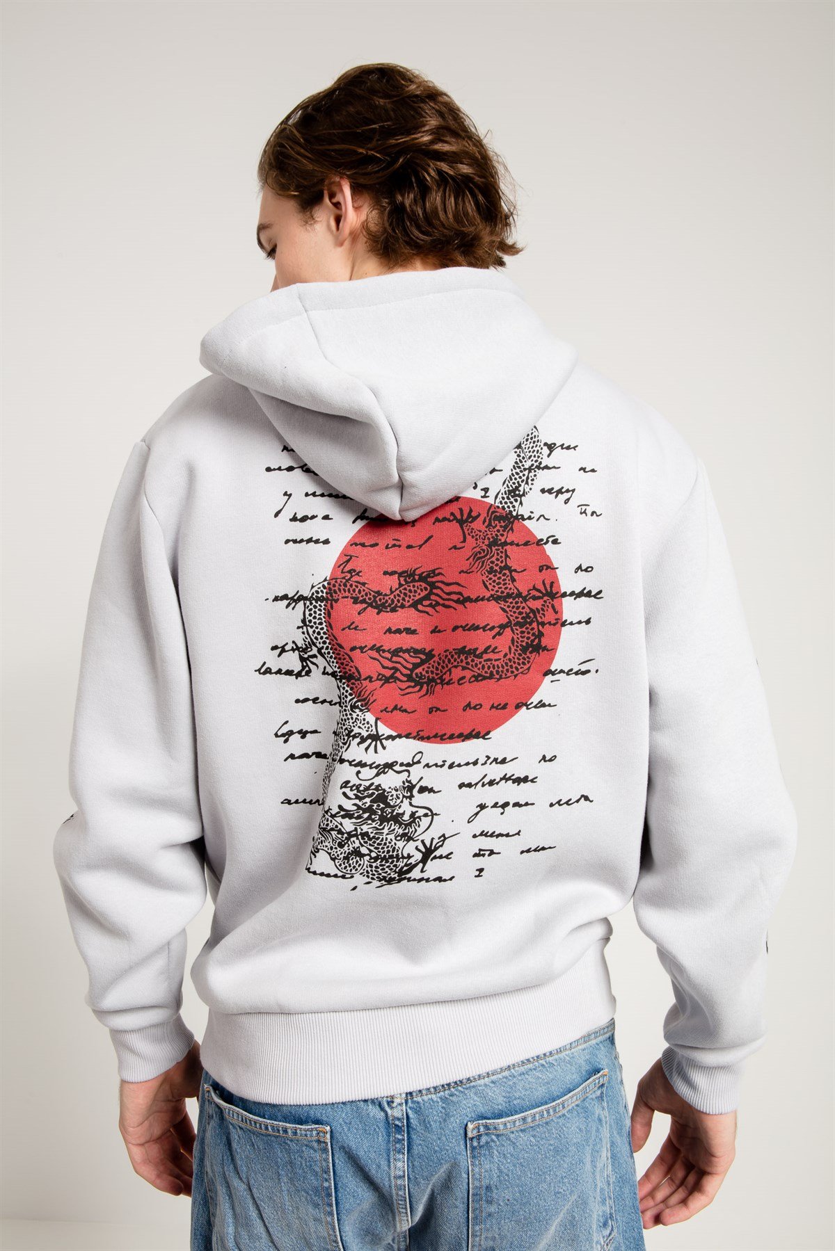 Dragon Baskılı Gri Oversize Erkek Sweatshirt