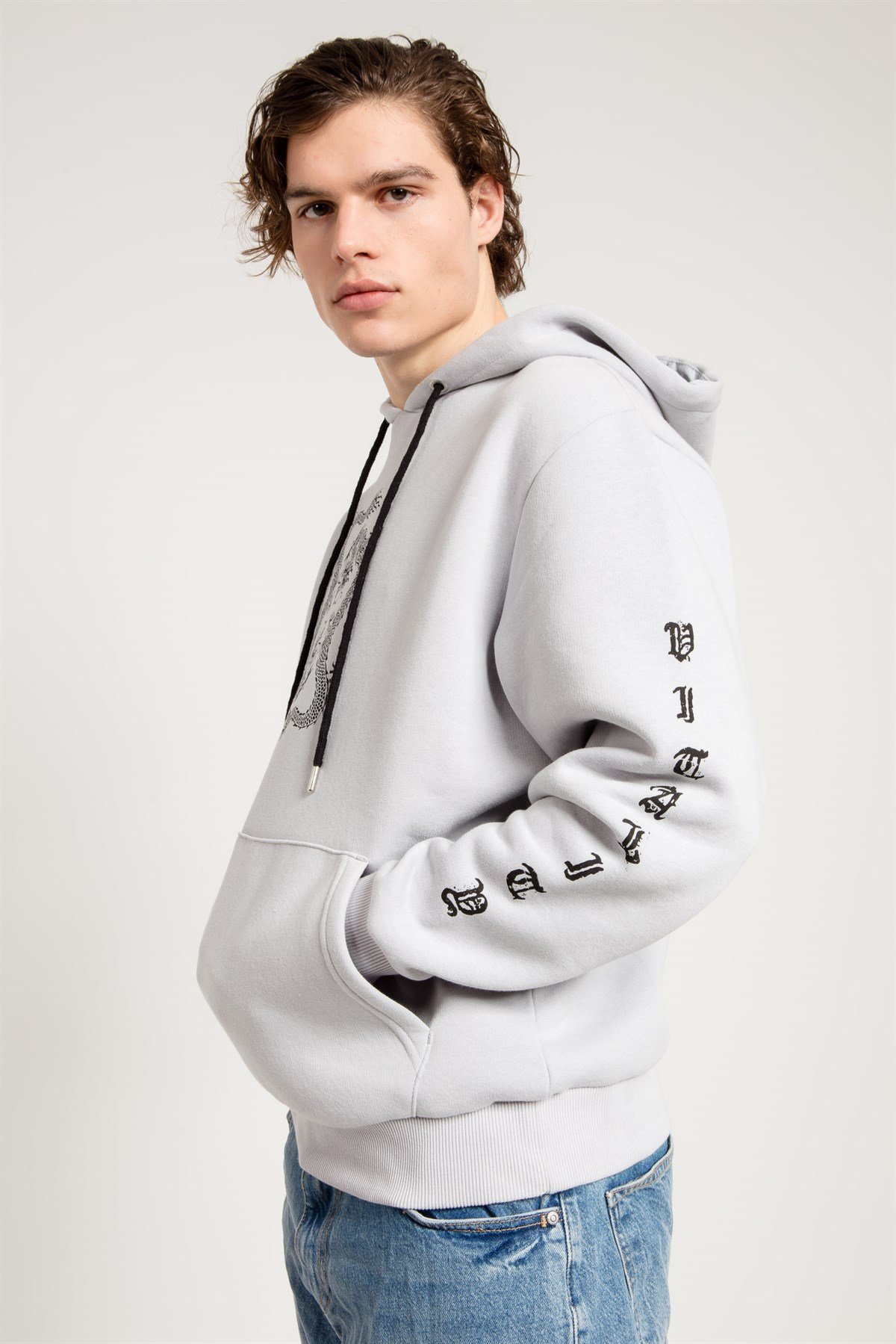 Dragon Baskılı Gri Oversize Erkek Sweatshirt