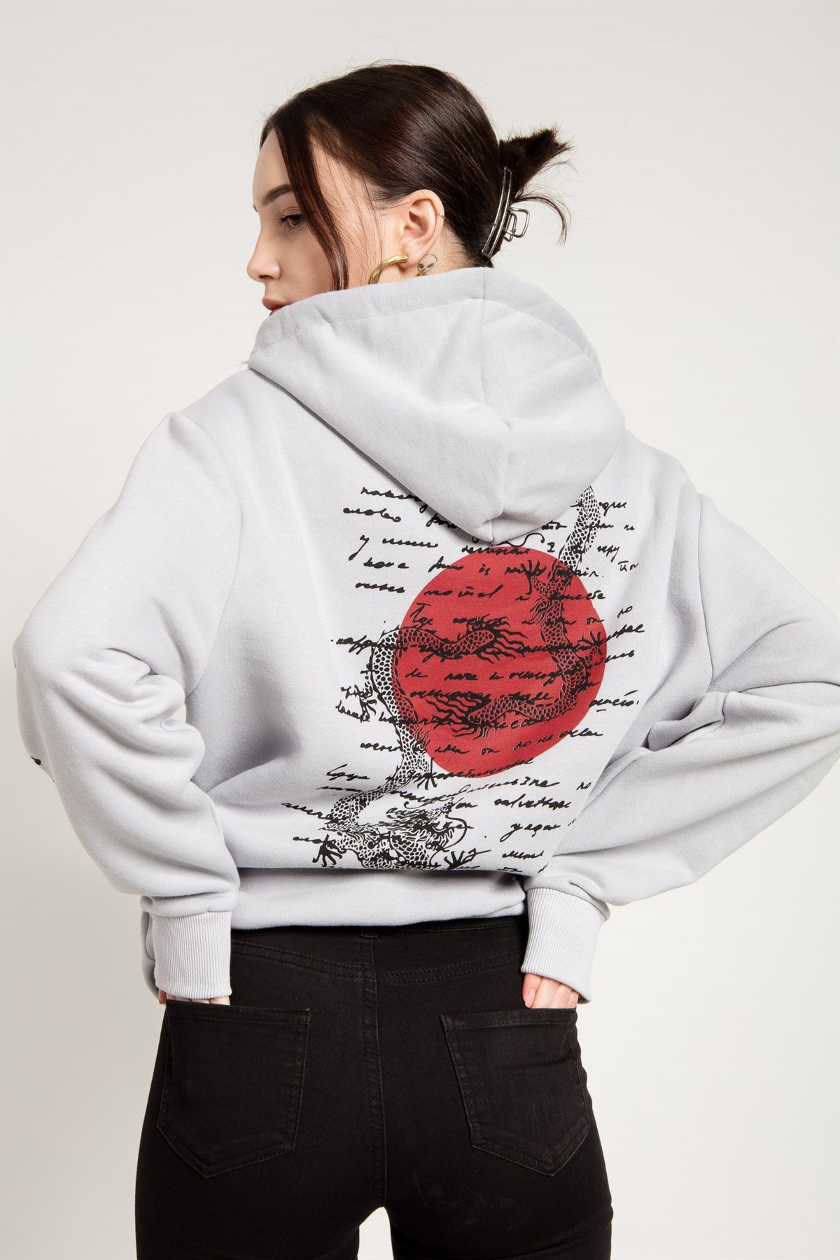 Oversized Sweatshirt in Grey with Dragon Print