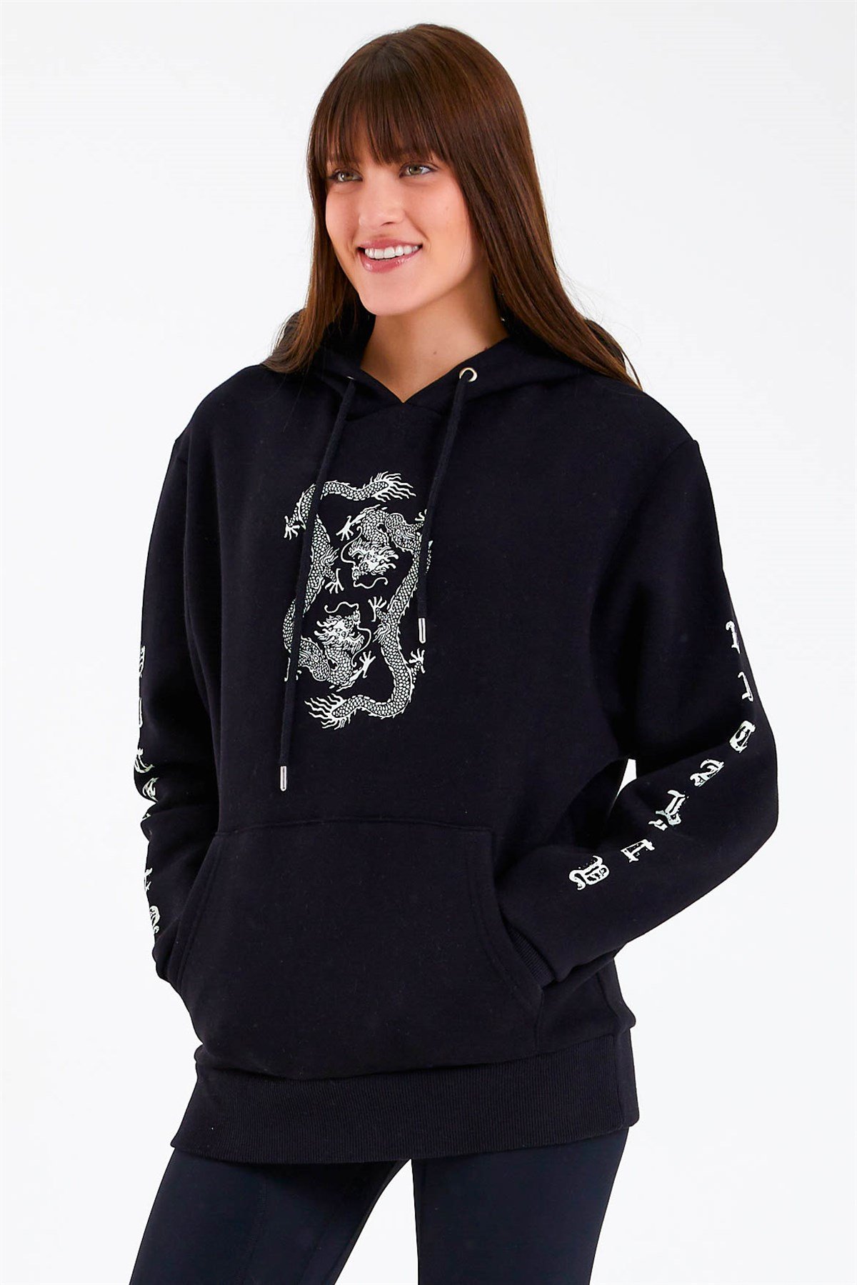   レディースM size Dragon Baskılı Siyah Oversize Kadın Sweatshirt