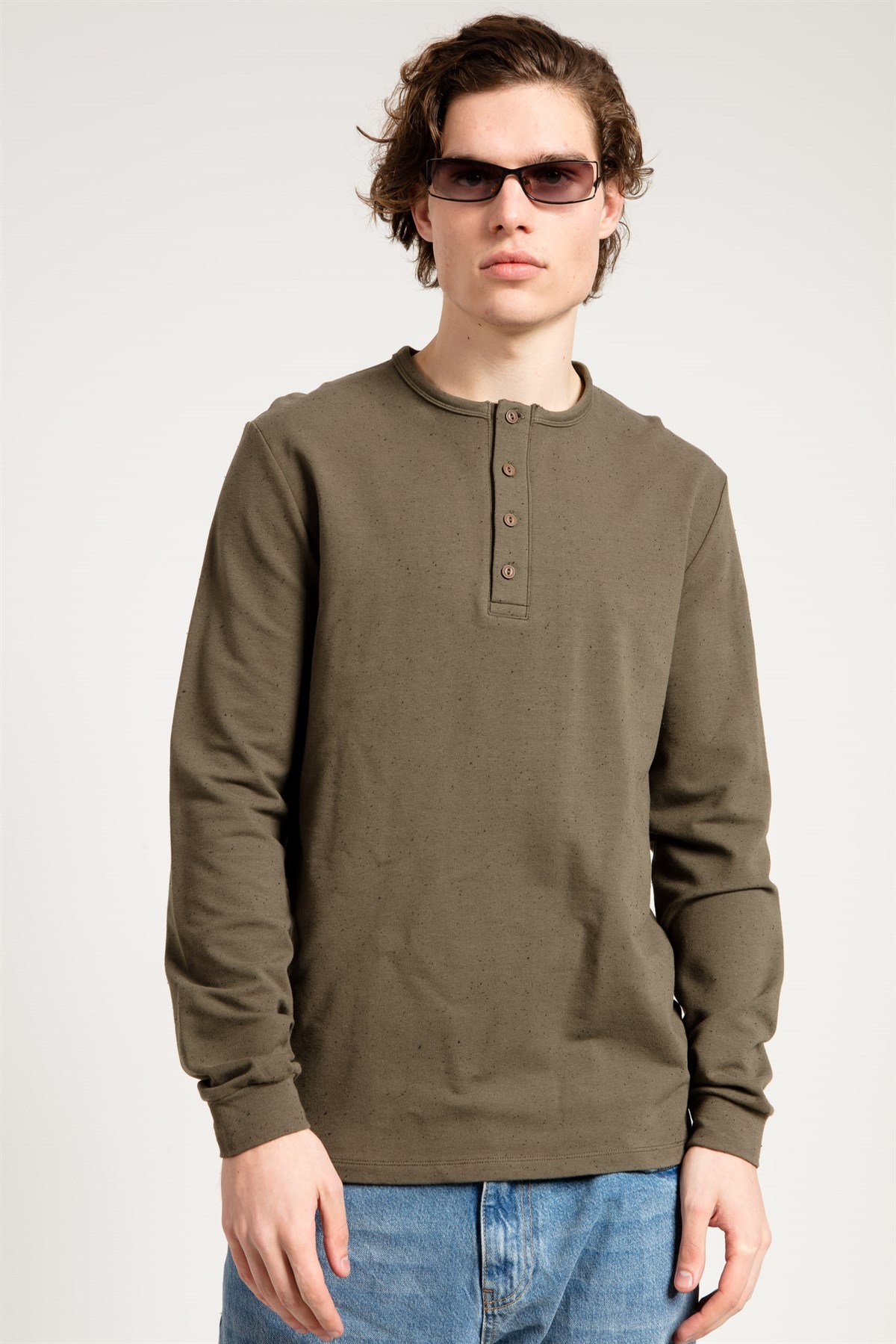 Düğmeli Uzun Kollu Haki Erkek Sweatshirt