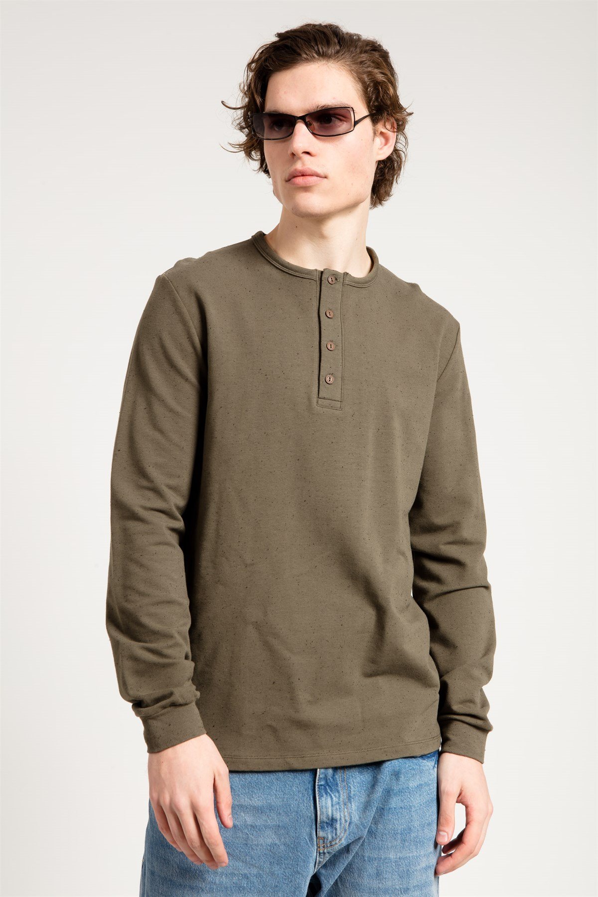 Düğmeli Uzun Kollu Haki Erkek Sweatshirt