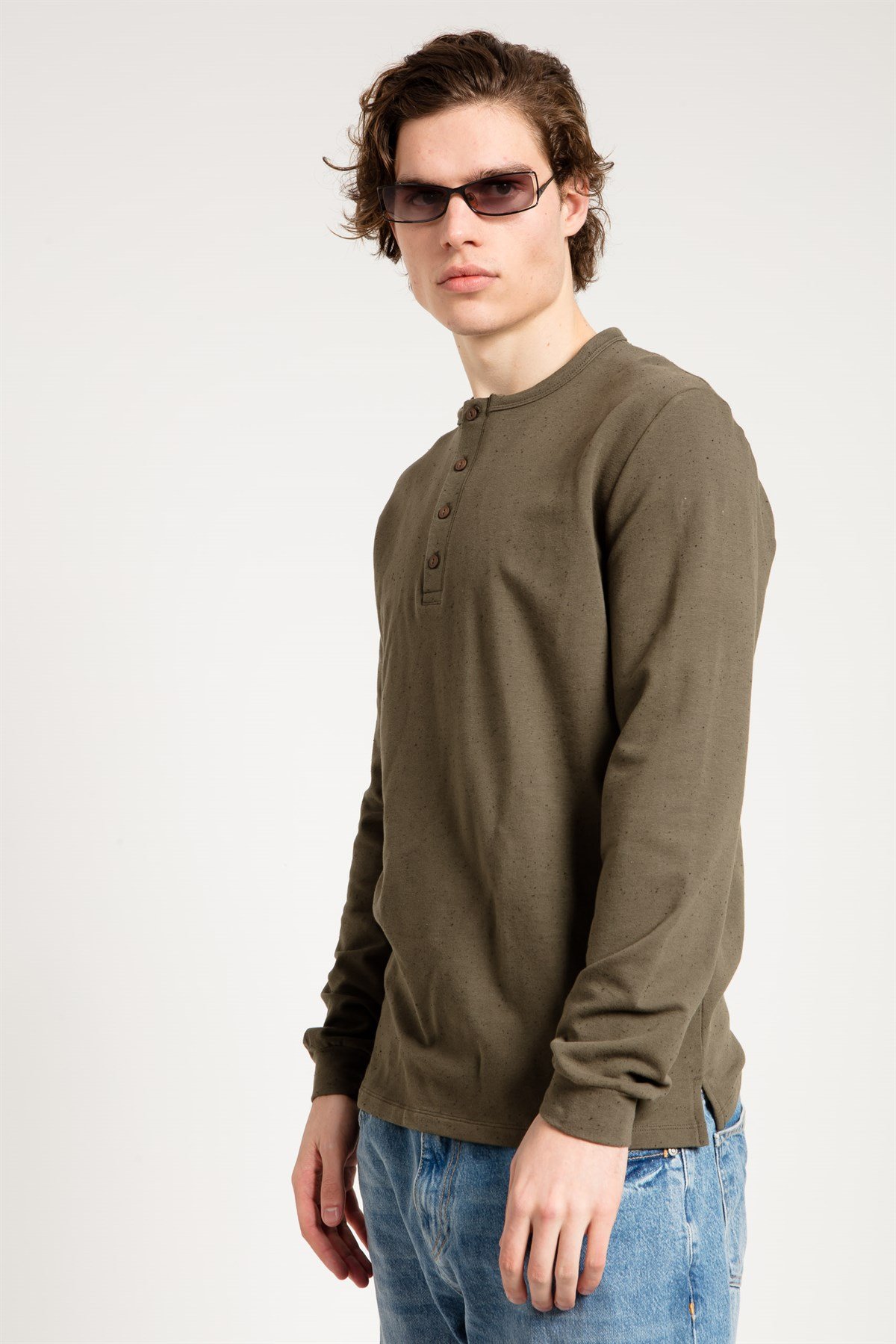 Düğmeli Uzun Kollu Haki Erkek Sweatshirt